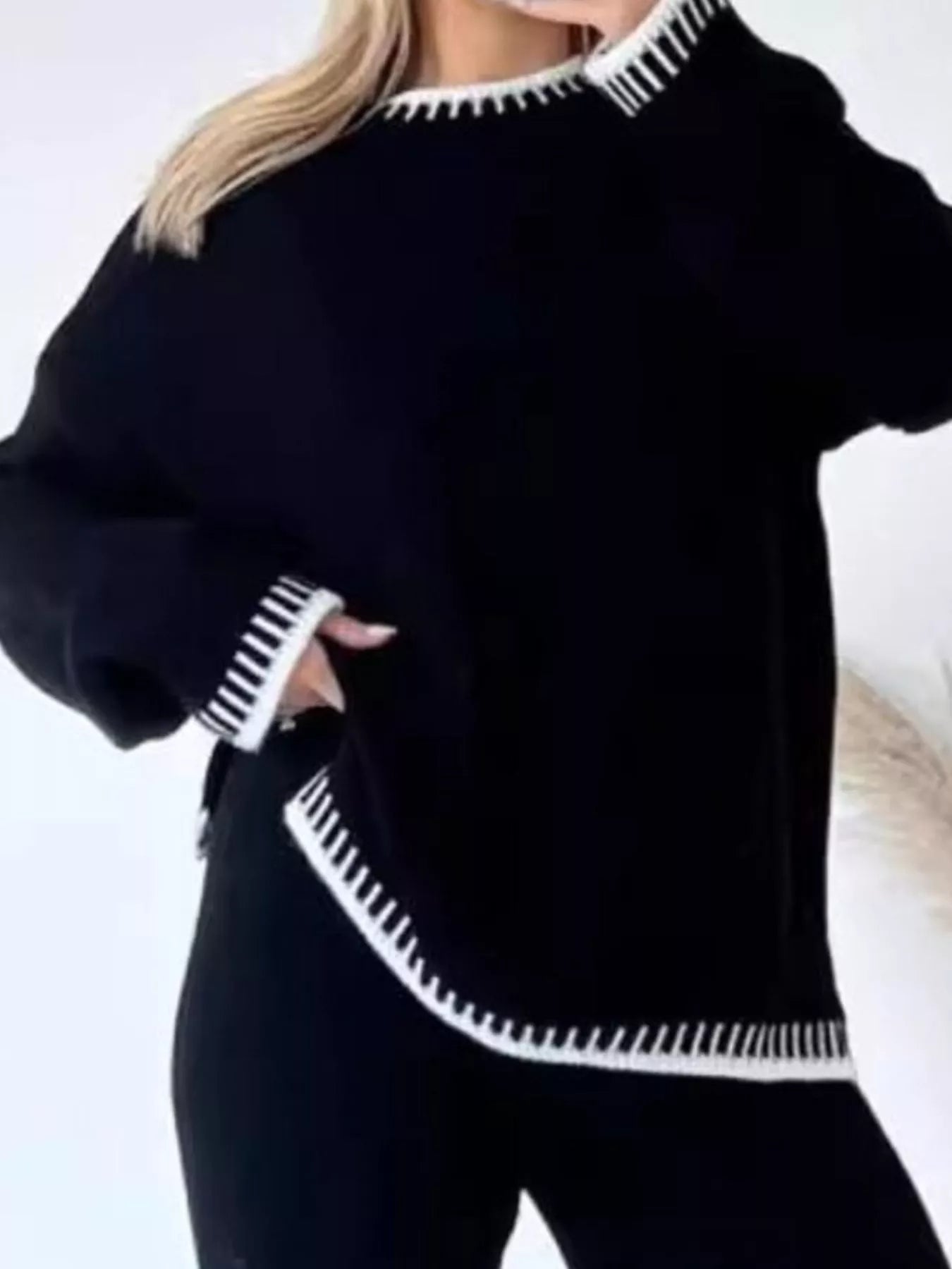 Contrast Trim Round Neck Top and Pants Sweater Set nicholesgifts