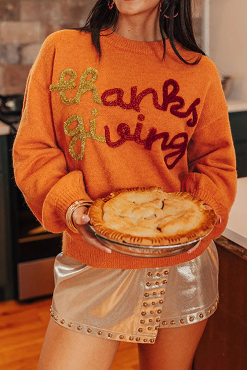 THANKSGIVING Round Neck Dropped Shoulder Sweater Trendsi
