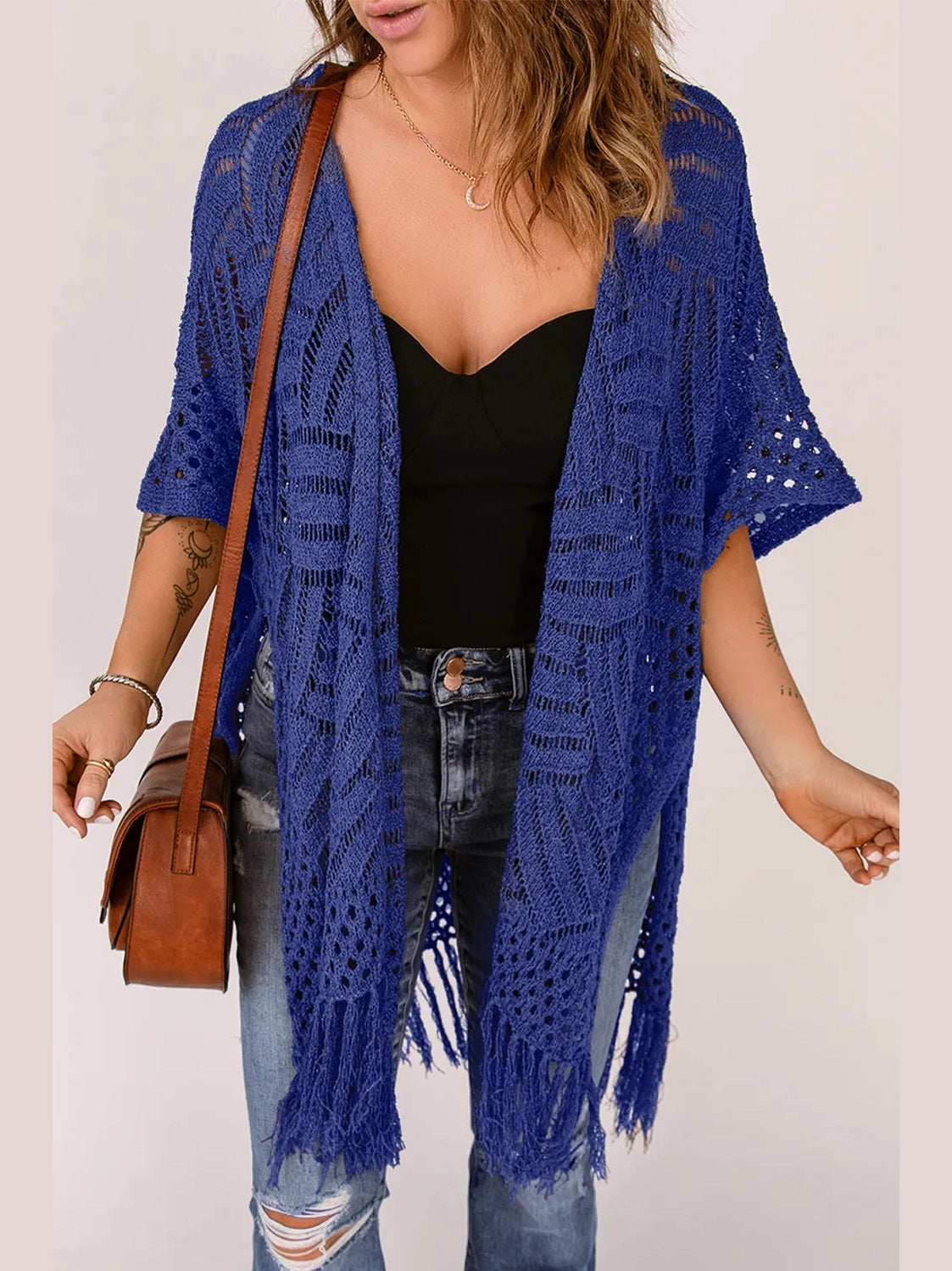 Openwork Open Front Cardigan with Fringes nicholesgifts