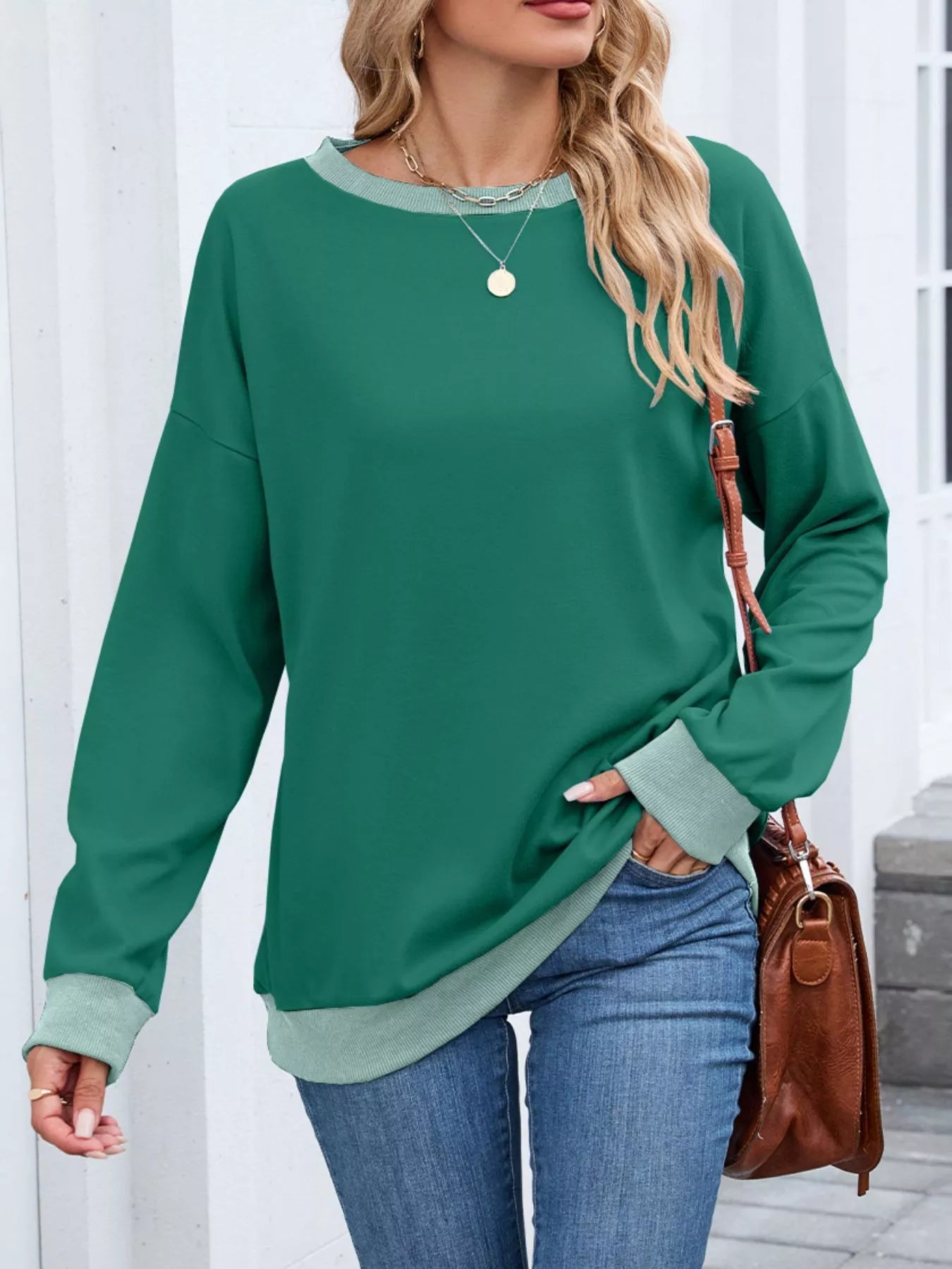 Contrast Trim Long Sleeve Sweatshirt Trendsi