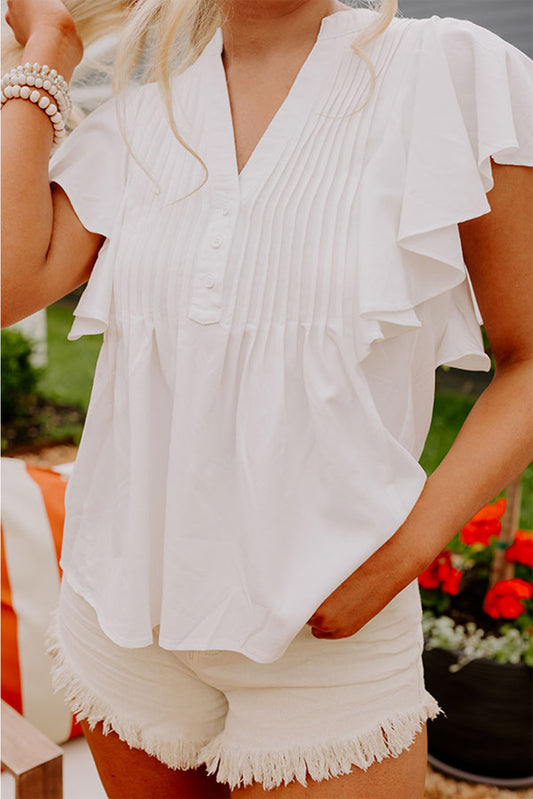 Pleated V-Neck Cap Sleeve Blouse nicholesgifts