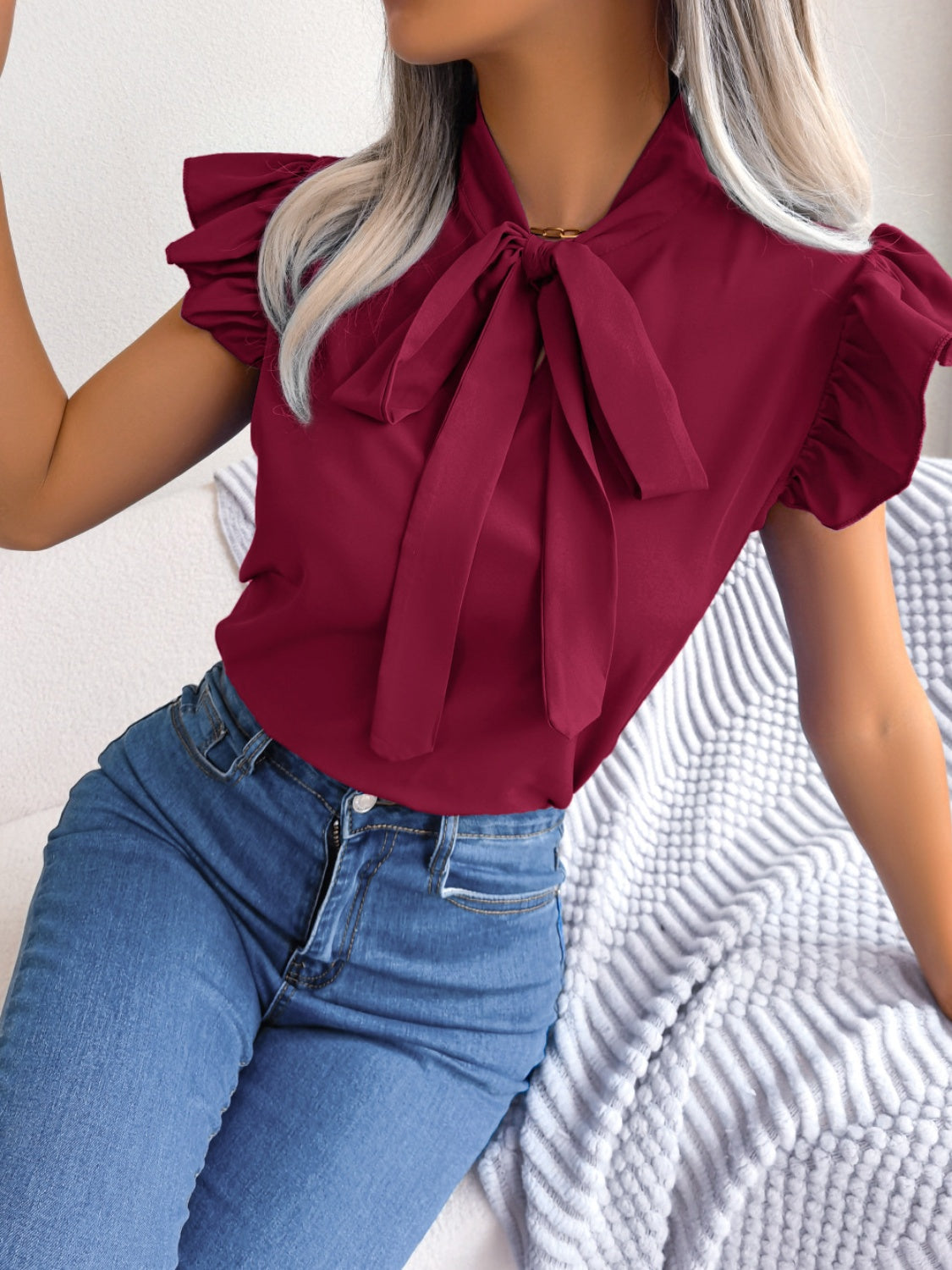 Tie Neck Cap Sleeve Blouse nicholesgifts