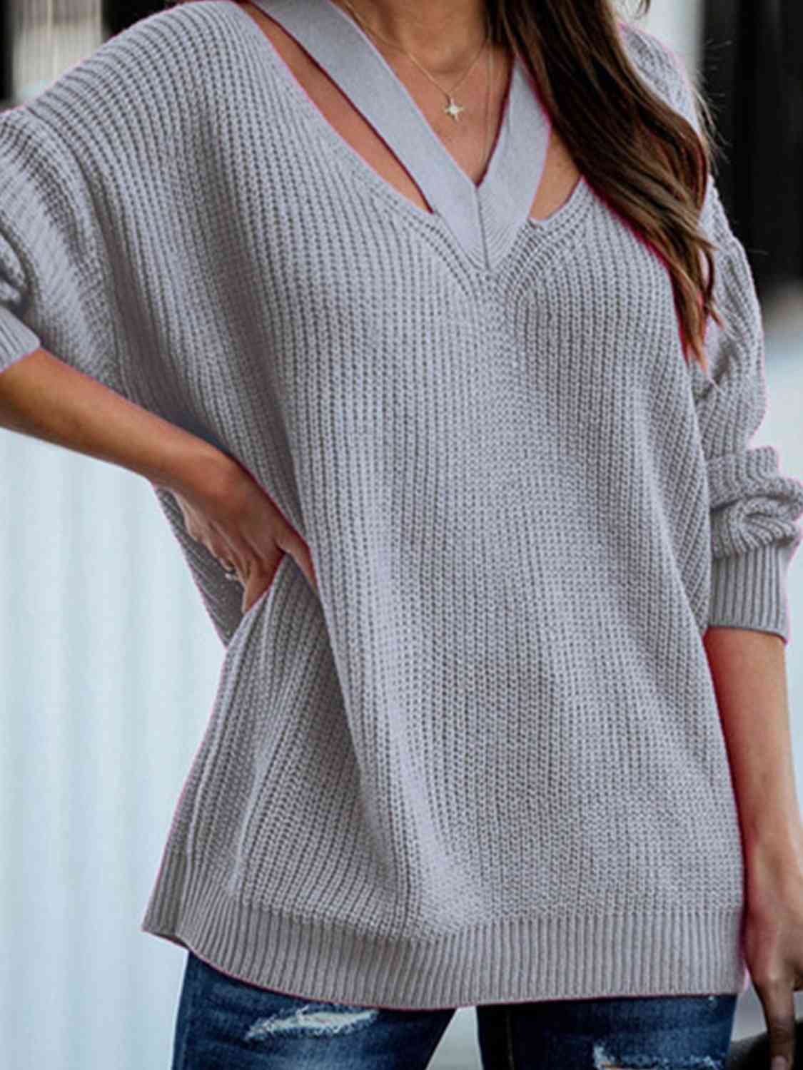 Full Size Women Cutout V-Neck Rib-Knit Sweater