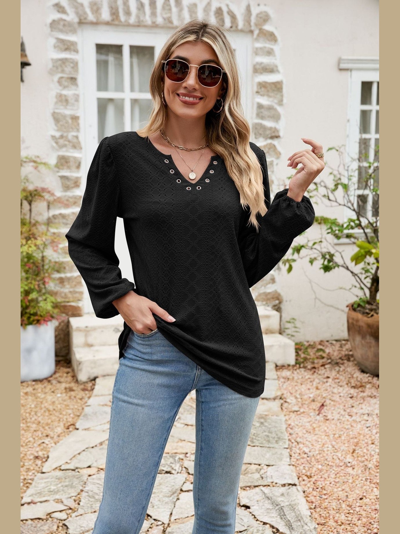 Eyelet Notched Neck Balloon Sleeve Blouse
