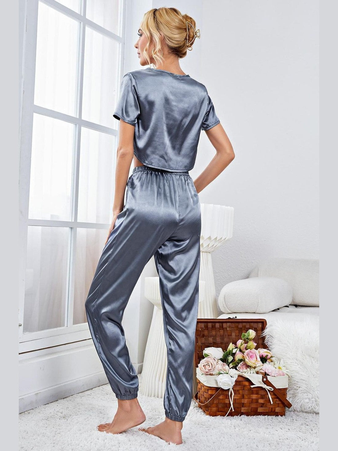 Satin Short Sleeve Crop Top and Joggers Lounge Set nicholesgifts