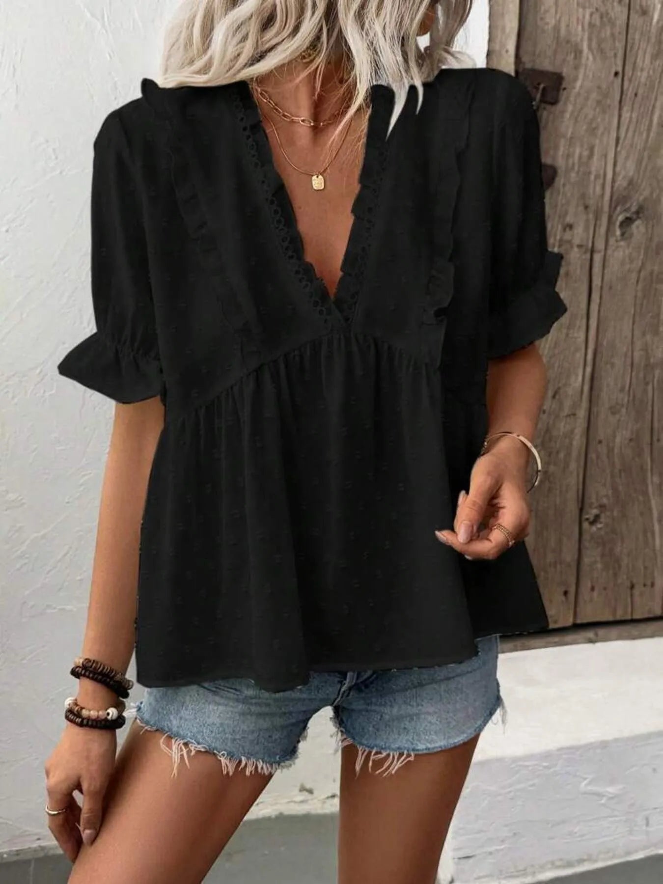 Swiss Dot Ruffled V-Neck Blouse with Flounce Sleeves NicholesGifts