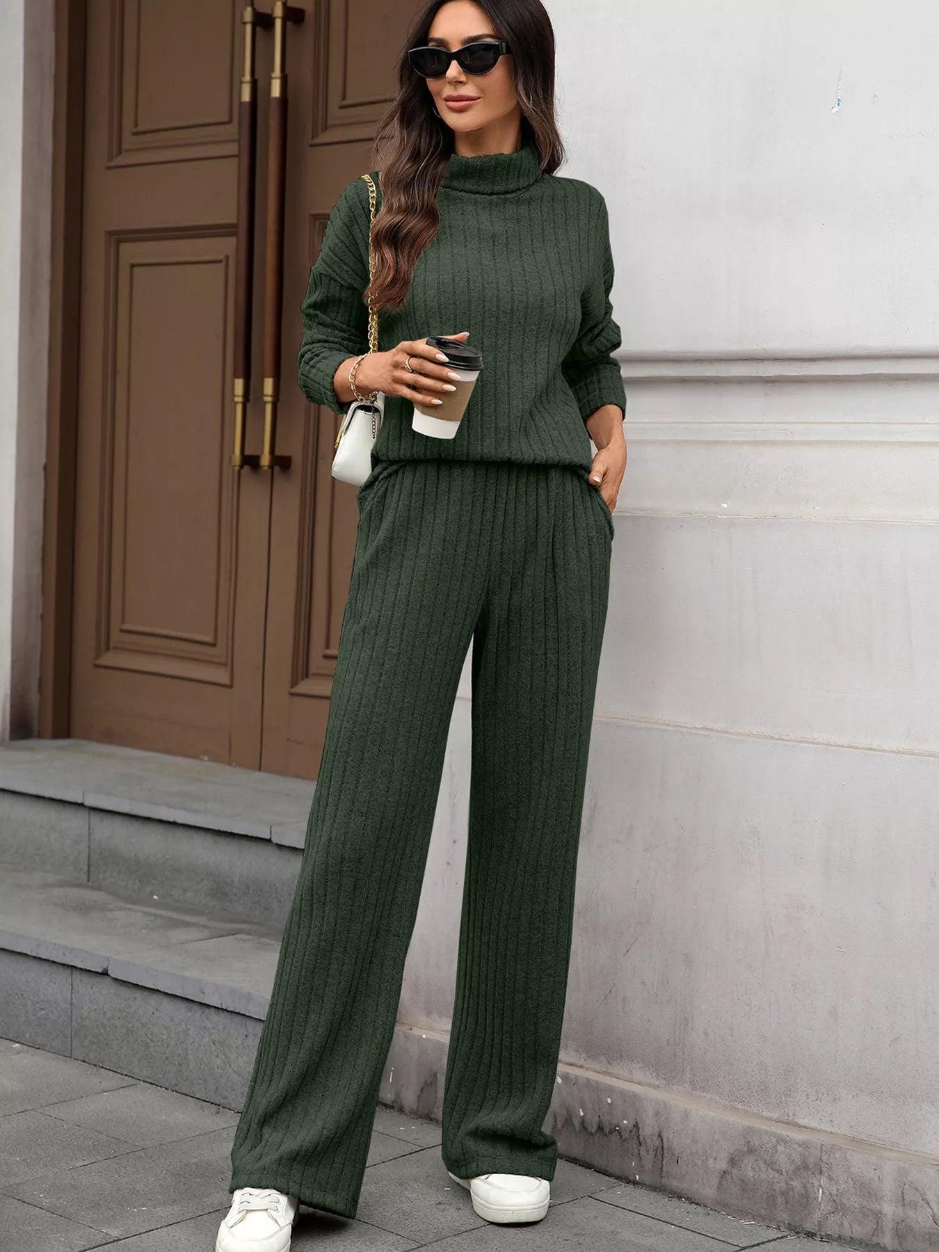 Ribbed Turtleneck Dropped Shoulder Top and Pants Sweater Set Trendsi