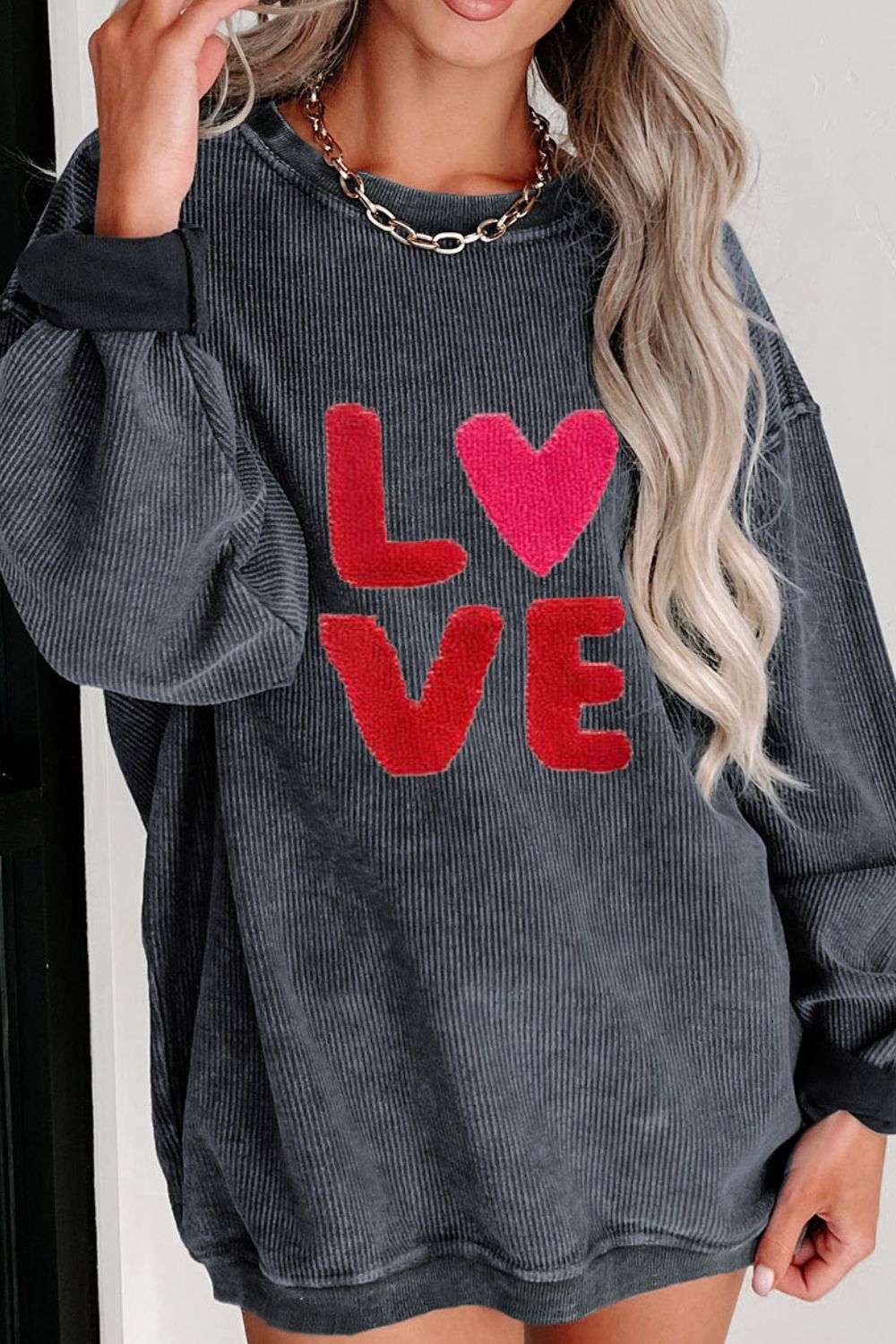 Women Valentine’s Day LOVE Round Neck Long Sleeve Sweatshirt NicholesGifts