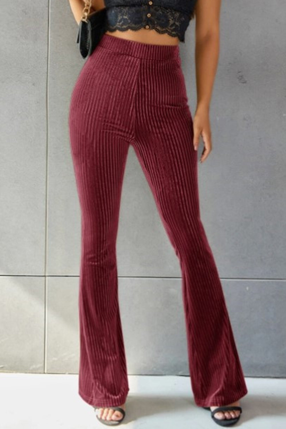 Women Ribbed High Waist Flare Pants nicholesgifts