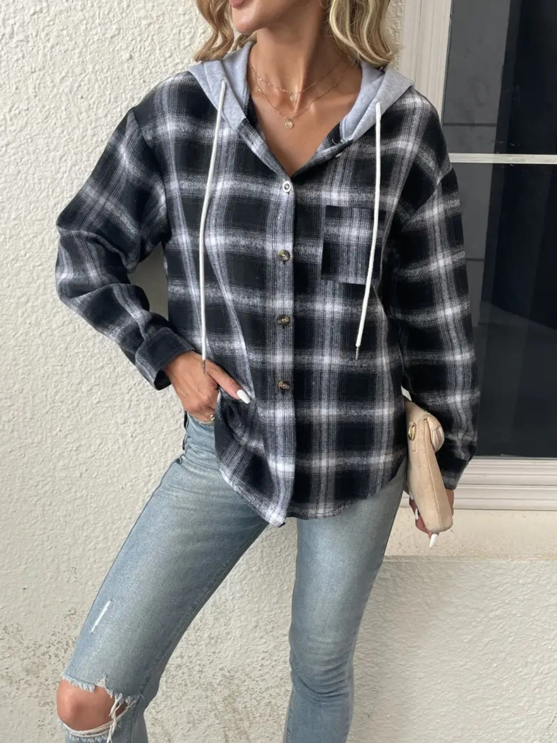 Plaid Drawstring Button Up Hooded Jacket nicholesgifts