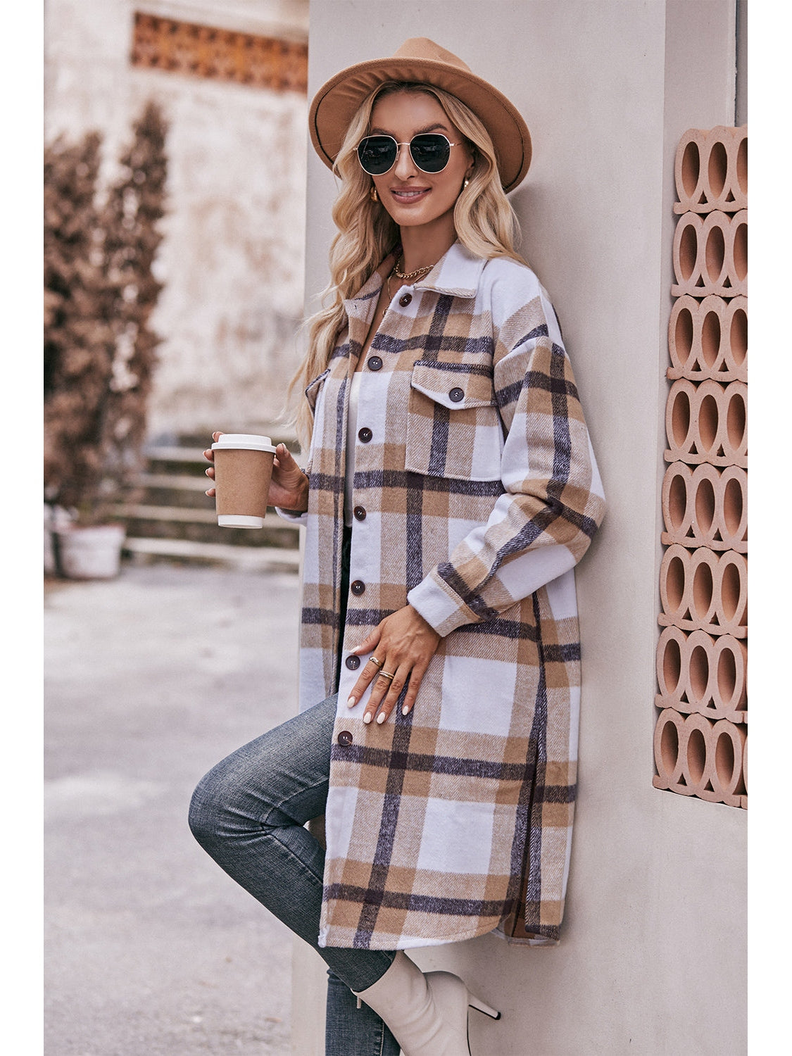 NicholesGifts Women Mandy Plaid Dropped Shoulder Longline Jacket