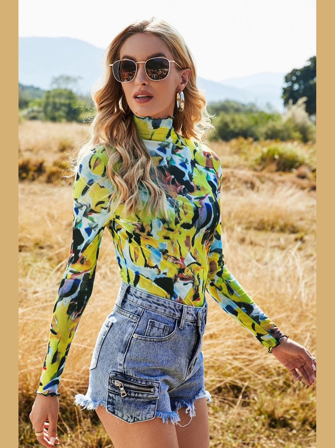 Printed Mock Neck Long Sleeve Blouse NicholesGifts