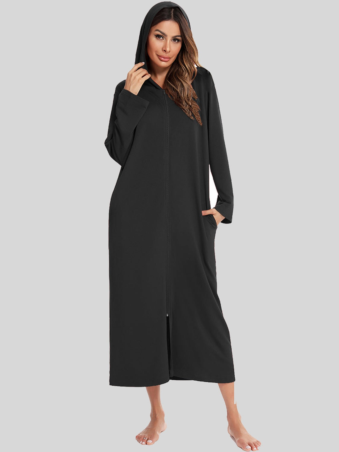 Zip Front Hooded Night Dress with Pockets nicholesgifts