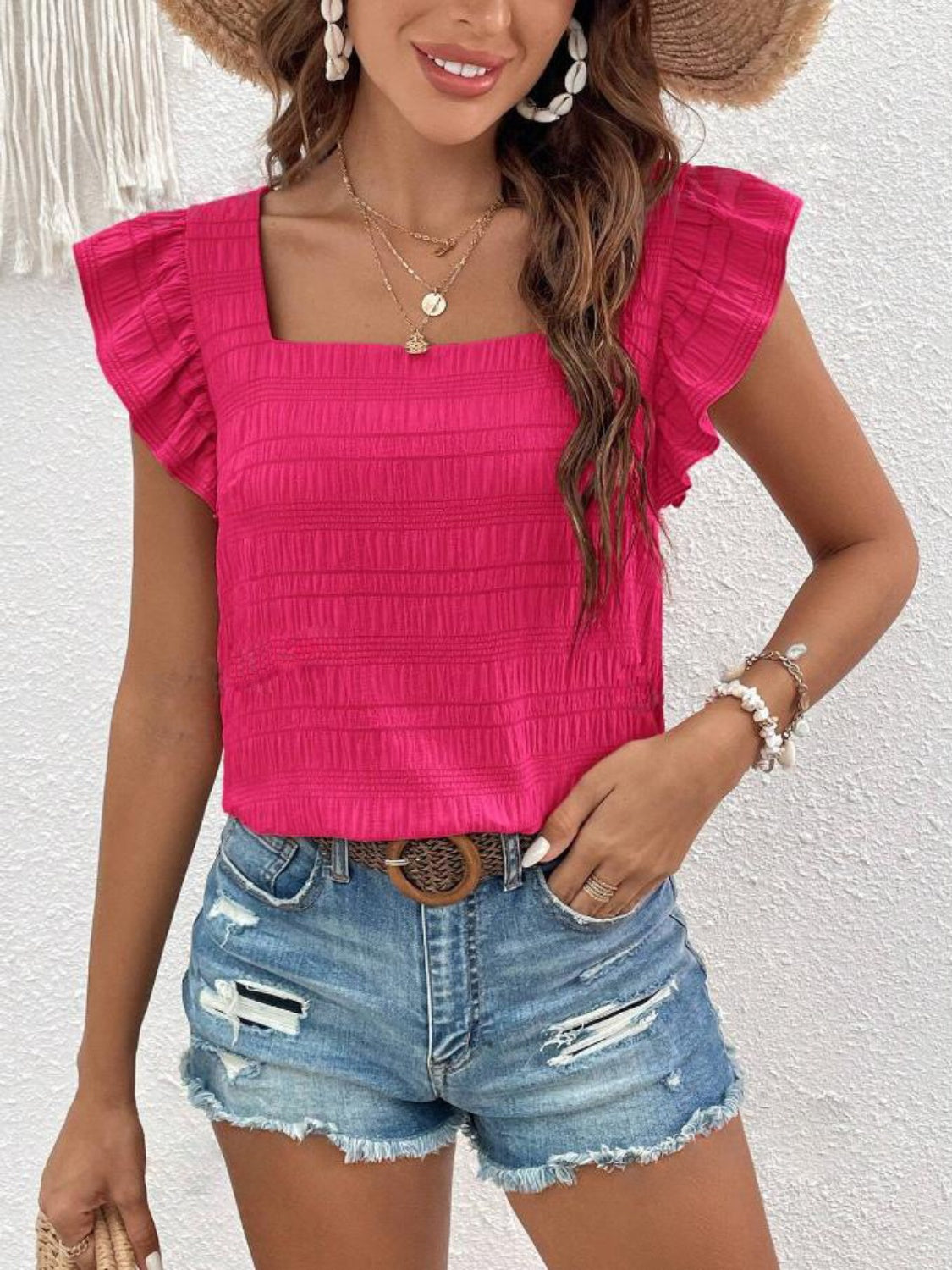 Ruffled Square Neck Cap Sleeve Blouse nicholesgifts