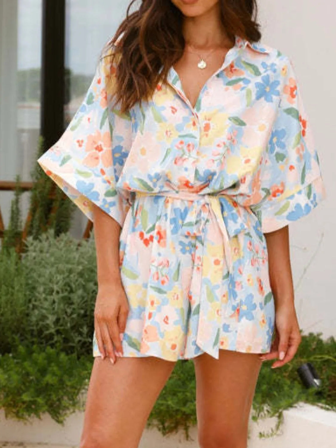Printed Half Sleeve Tie Waist Romper nicholesgifts