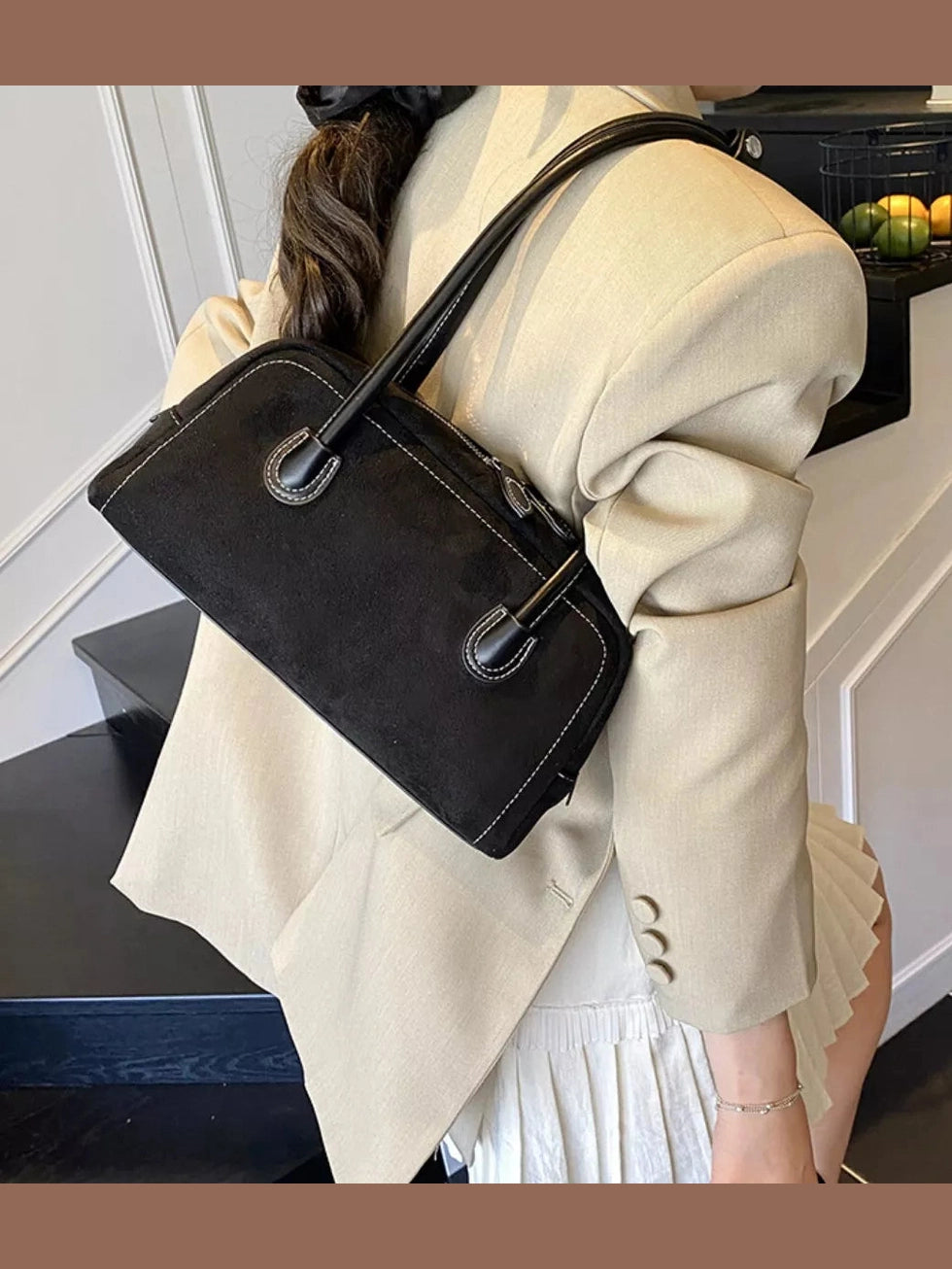 Velvet Shoulder Bag with Leather Strap nicholesgifts