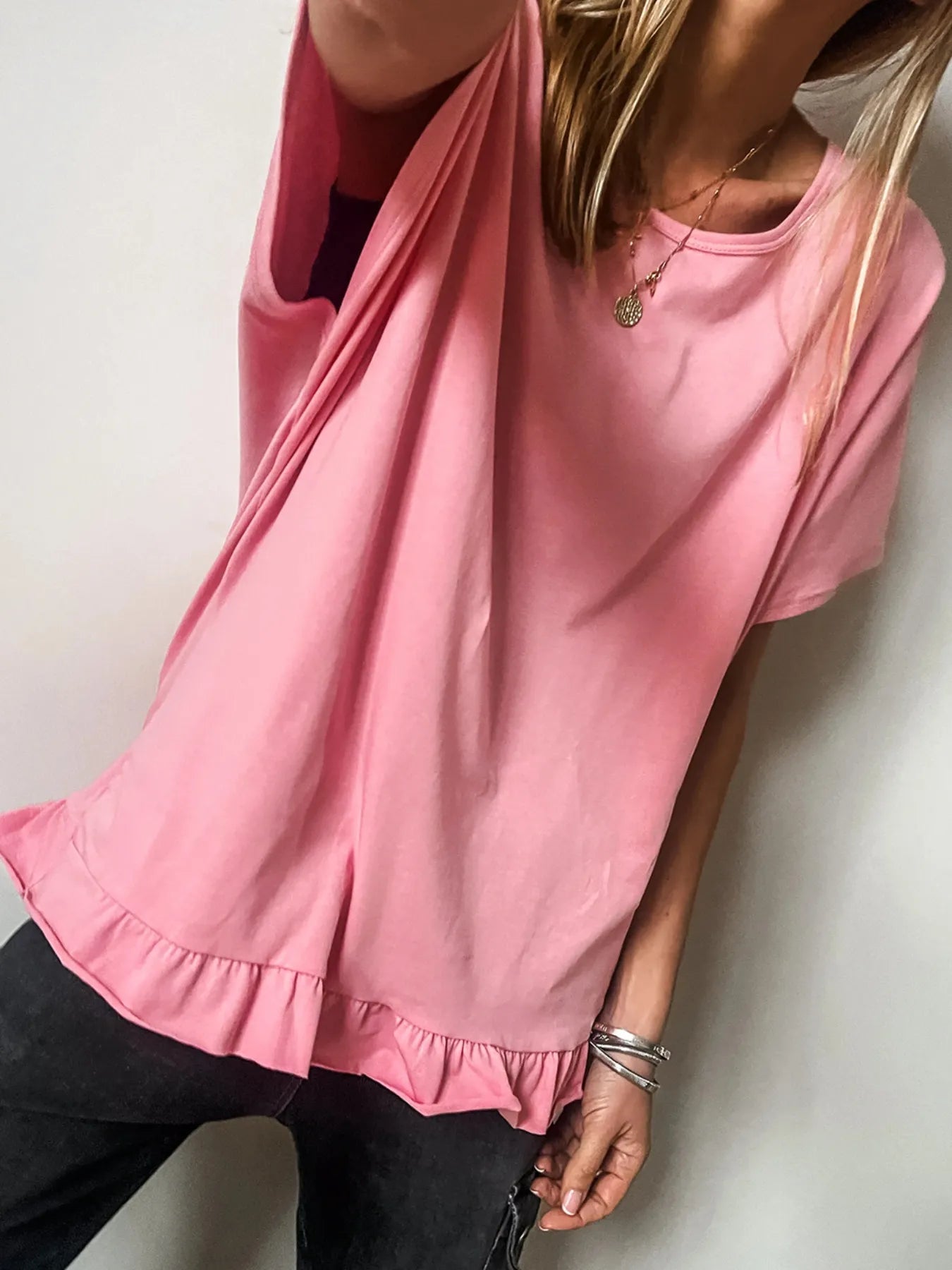 Ruffle Hem Round Neck Relaxed T-Shirt NicholesGifts