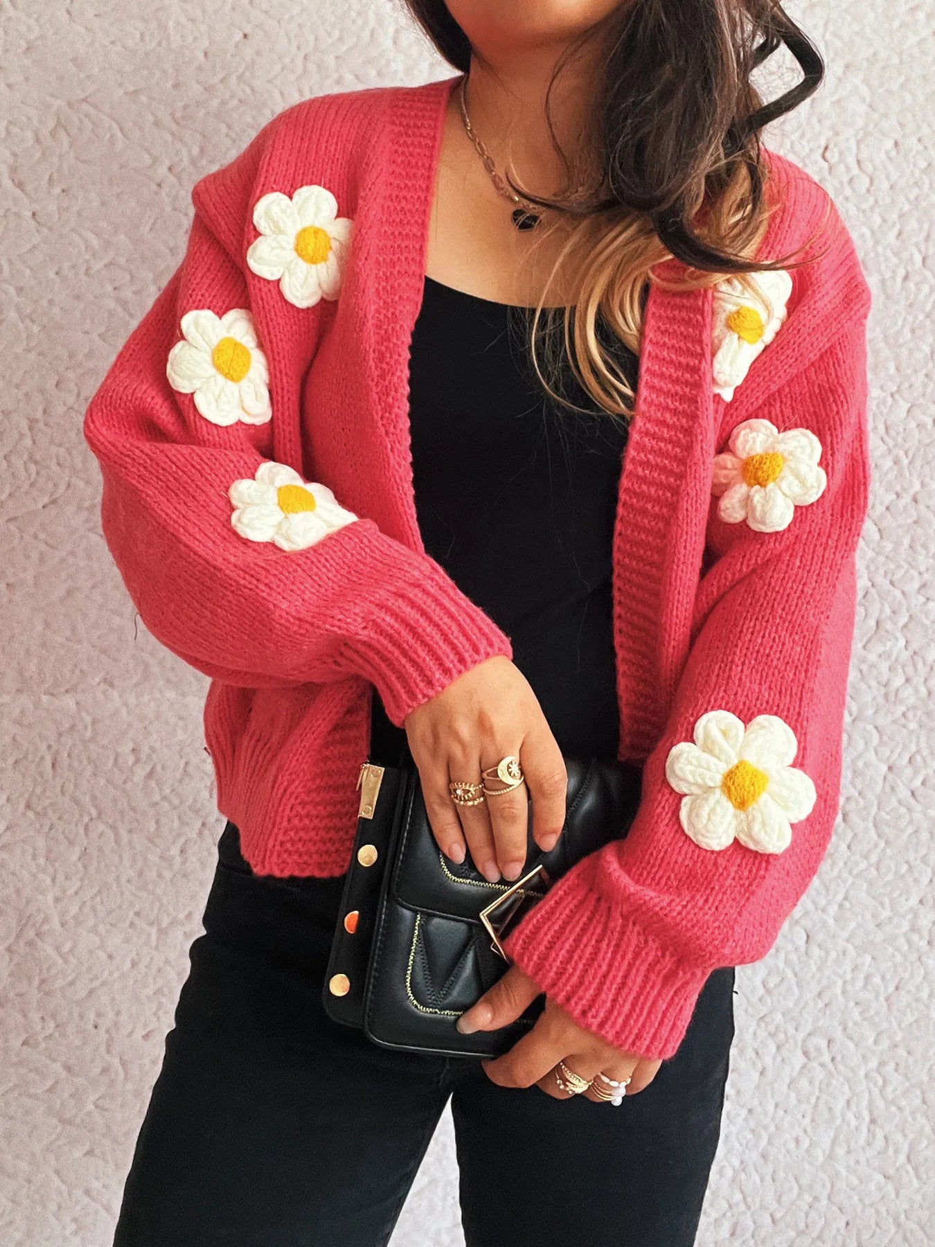 Flower Open Front Long Sleeve Cardigan