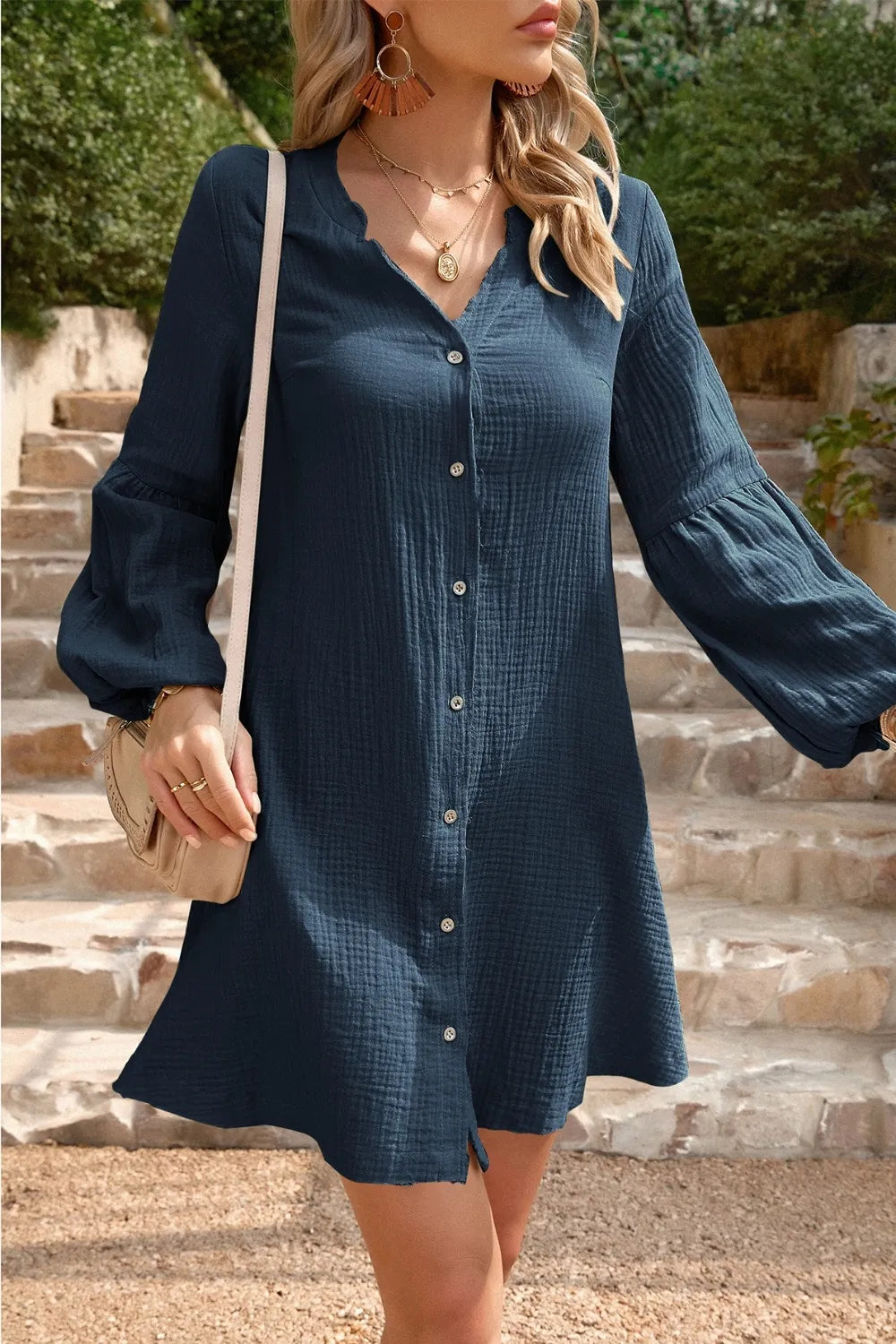 Devine Notched Balloon Sleeve Mini Dress Trendsi