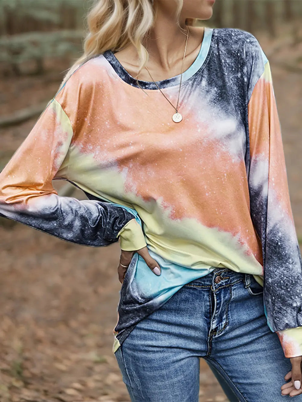 Shiny Printed Round Neck Long Sleeve T-Shirt NicholesGifts