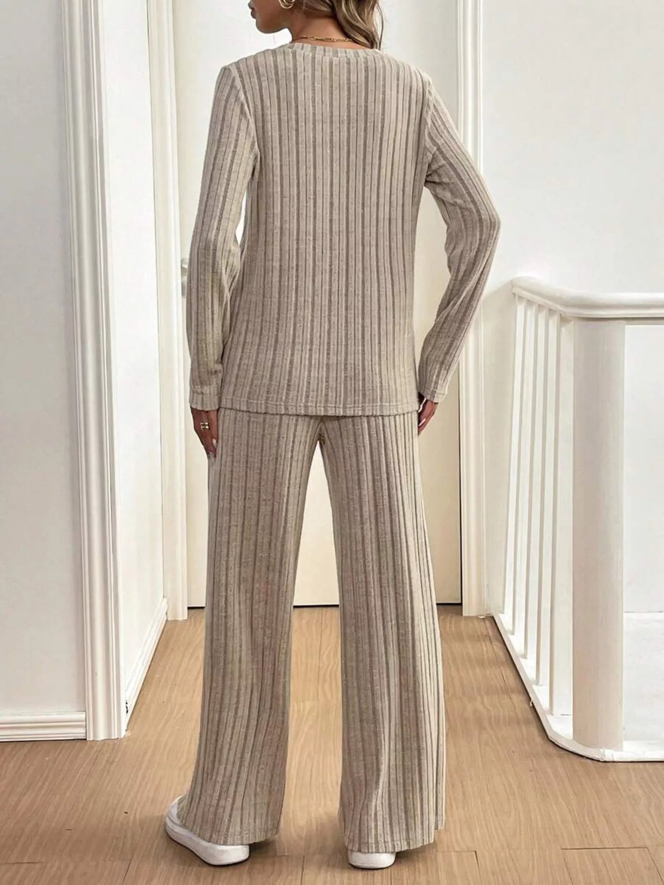 Button Detail Long Sleeve Top and Pants Set Trendsi