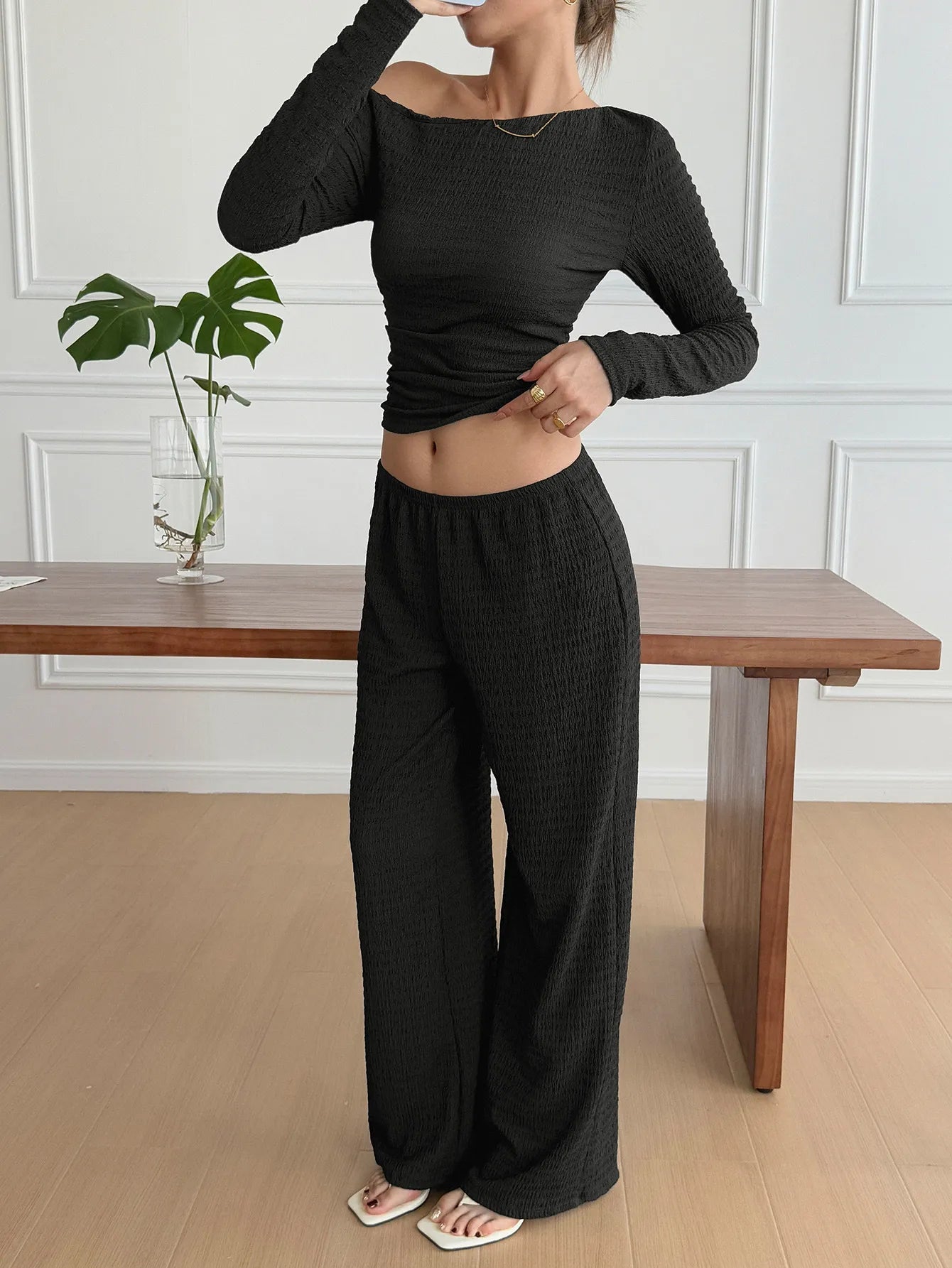 One Shoulder Long Sleeve Top and Pants Set nicholesgifts
