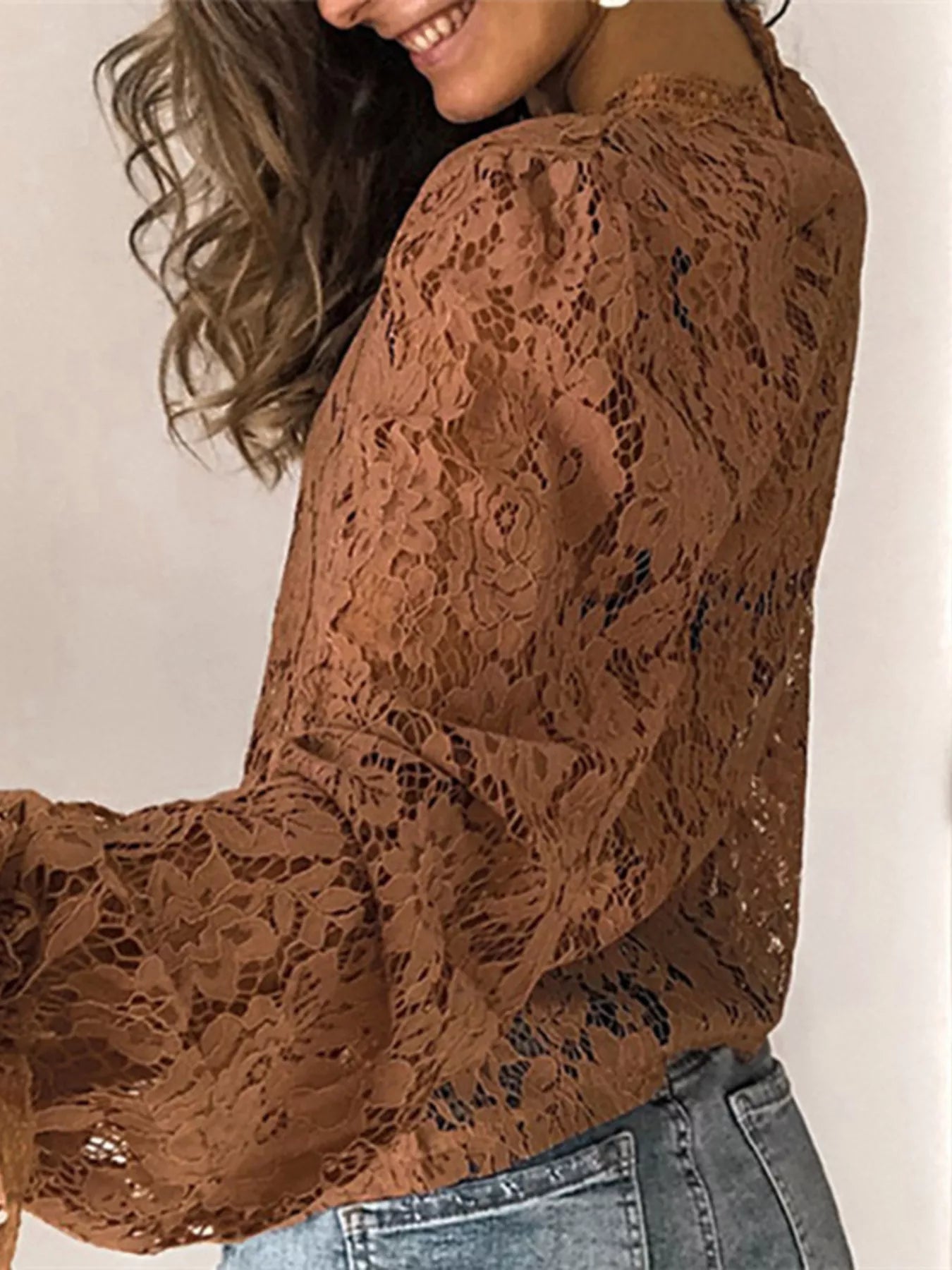 Full Size Lace Long Sleeve Blouse Plus Size Trendsi