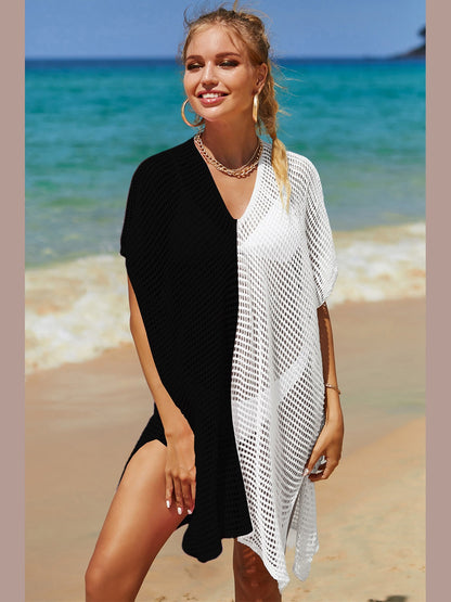 Double Take Openwork Contrast Slit Knit Cover Up nicholesgifts
