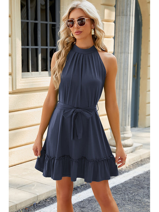 Ruched Grecian Neck Tie Waist Mini Dress nicholesgifts