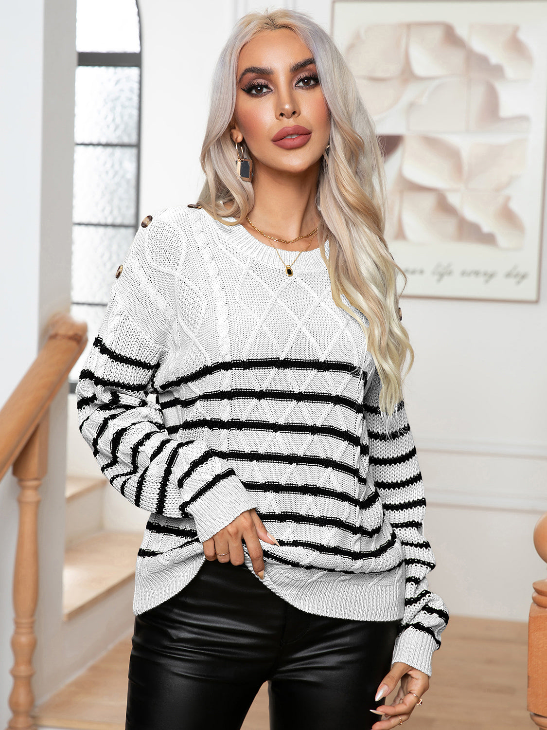 Striped Round Neck Cable-Knit Sweater Trendsi