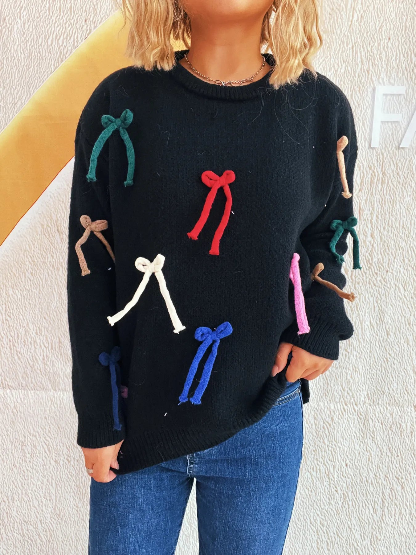 Colorful Bow Round Neck Sweater
