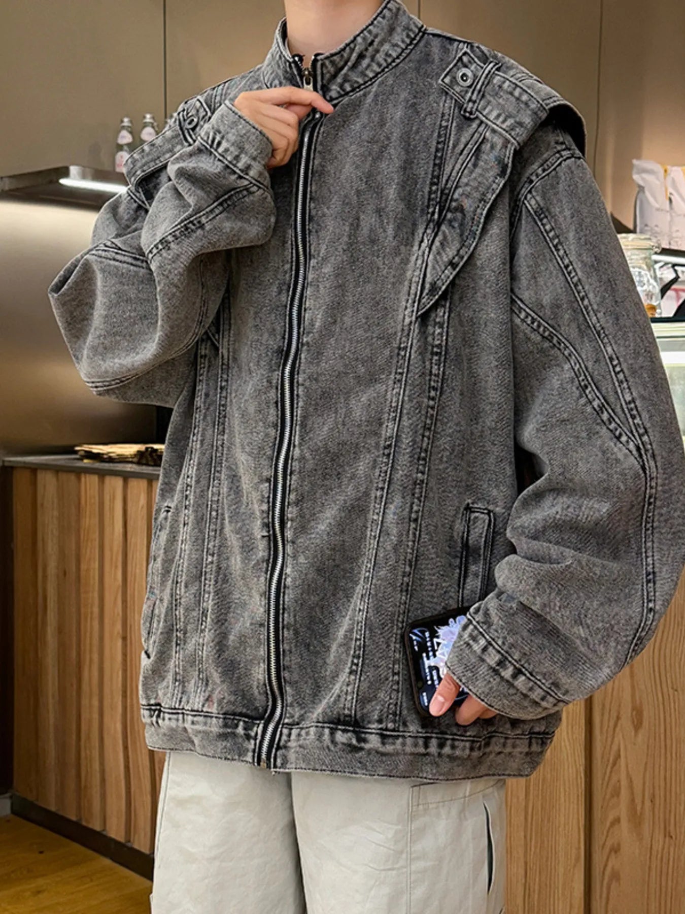 Men's Plus Size Zip Up Long Sleeve Denim Jacket Trendsi