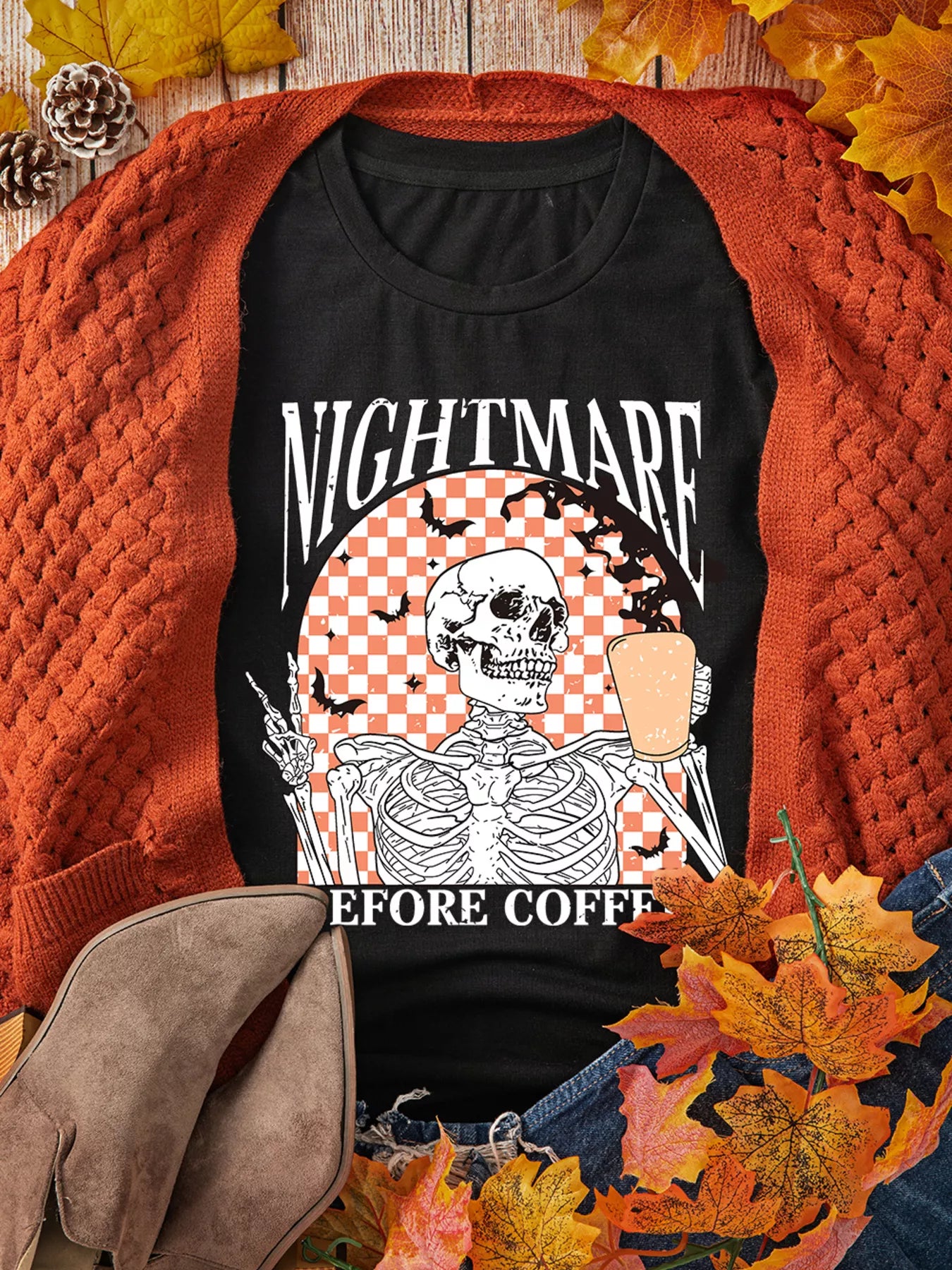 Halloween Skull Checkerboard Graphic Round Neck Tee