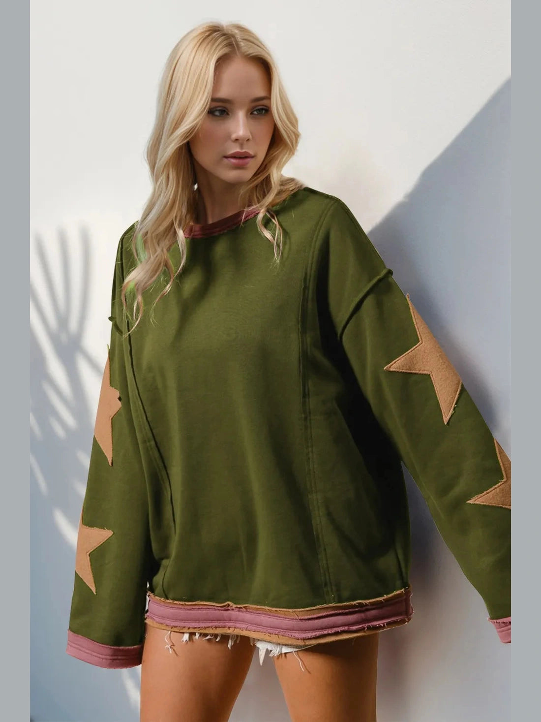 Double Take Star Patched Long Sleeve Sweatshirt Trendsi