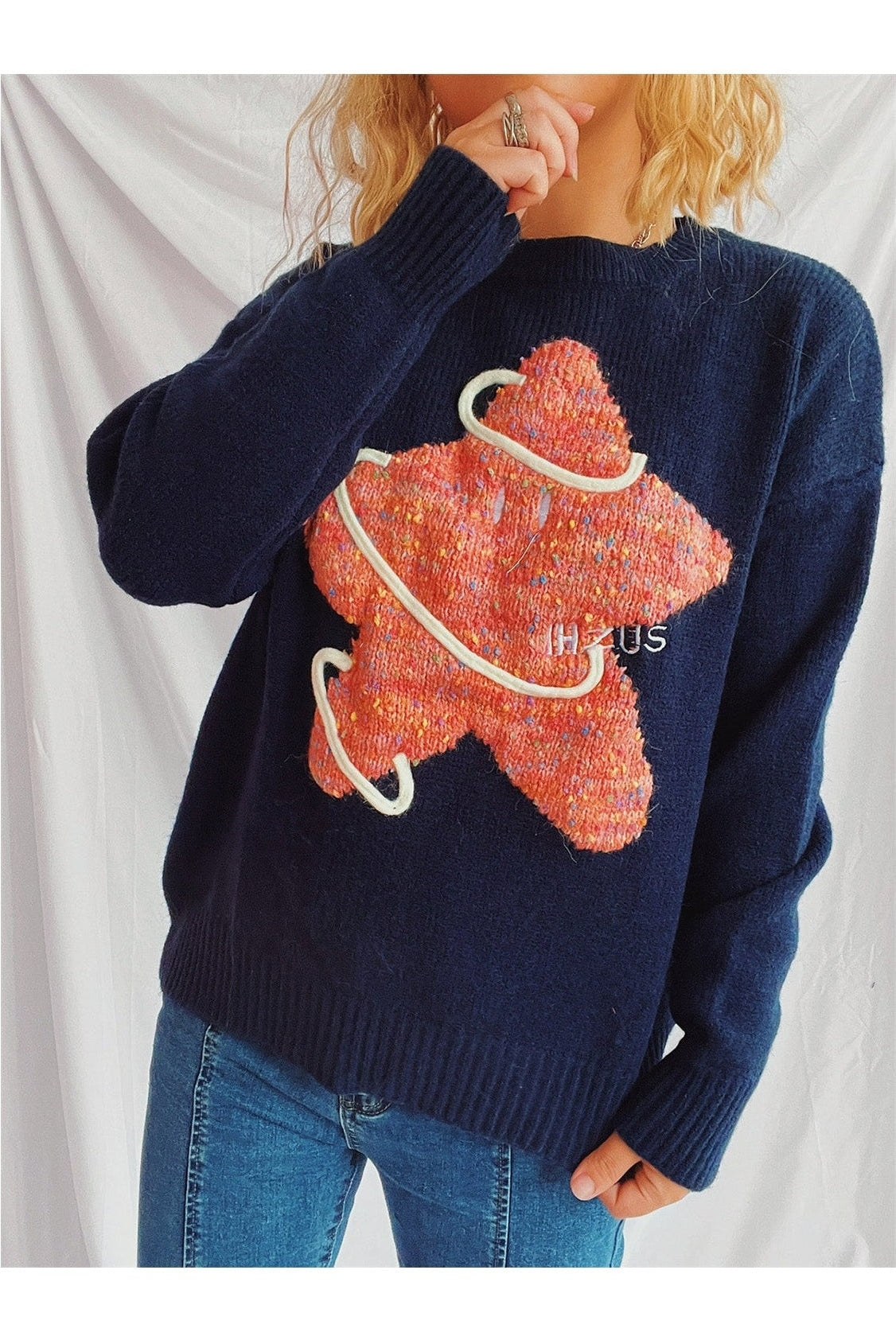 Contrast Star Round Neck Long Sleeve Sweater nicholesgifts