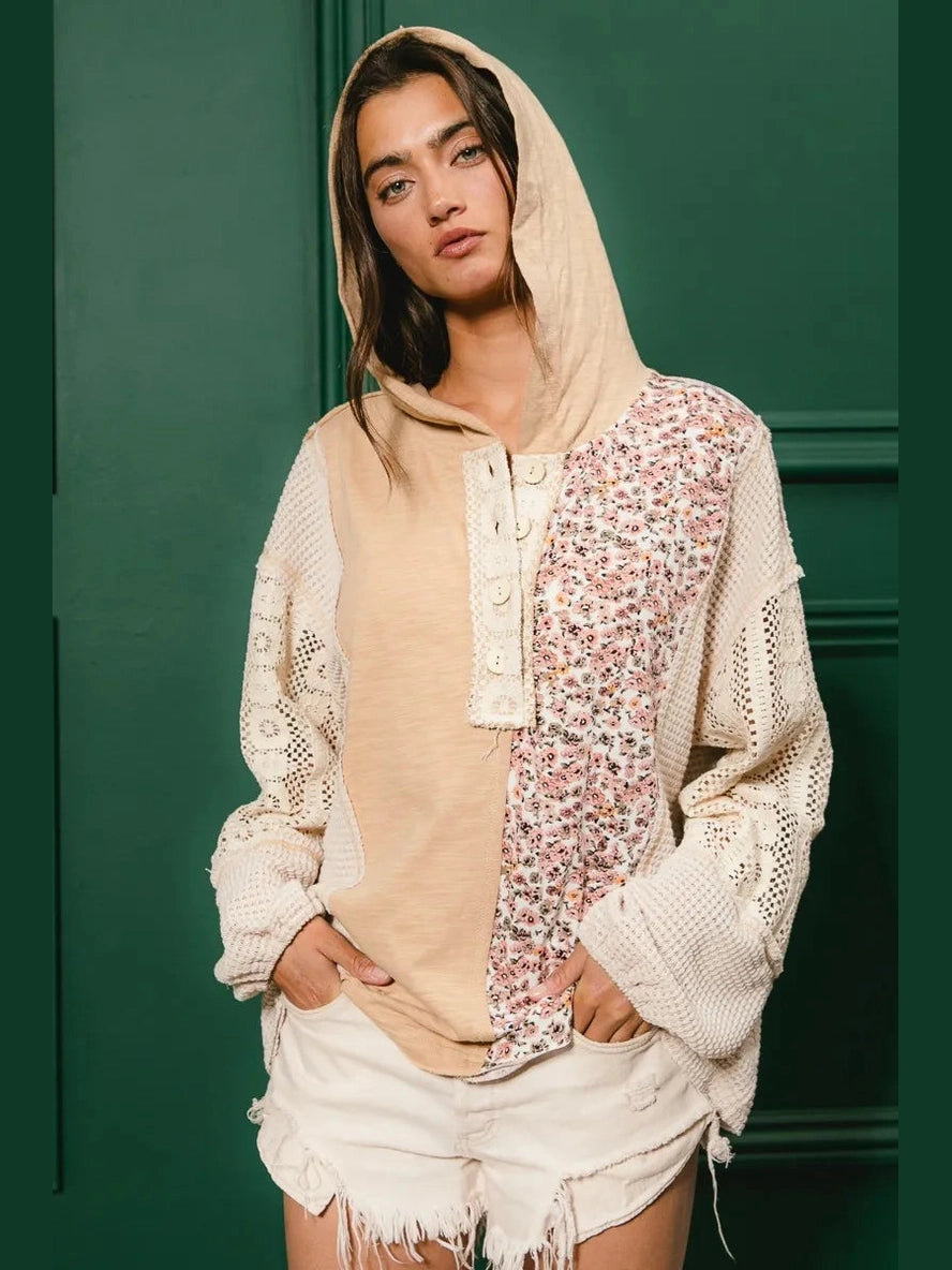 BiBi Slub Jersey with Lace Combo Buttoned Hoodie Top