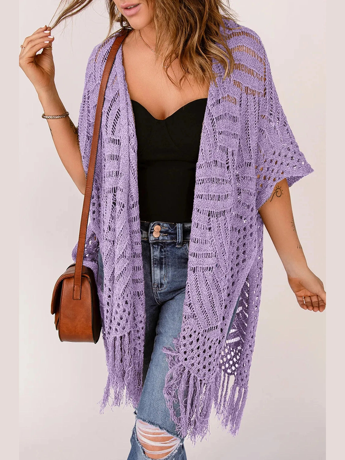 Openwork Open Front Cardigan with Fringes nicholesgifts