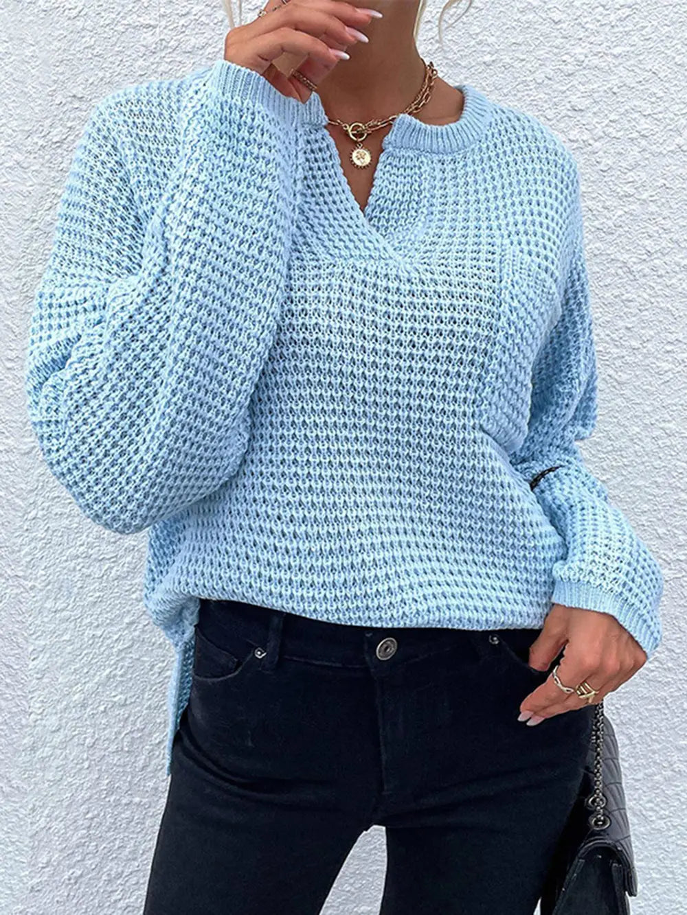 Notched Long Sleeve Sweater nicholesgifts