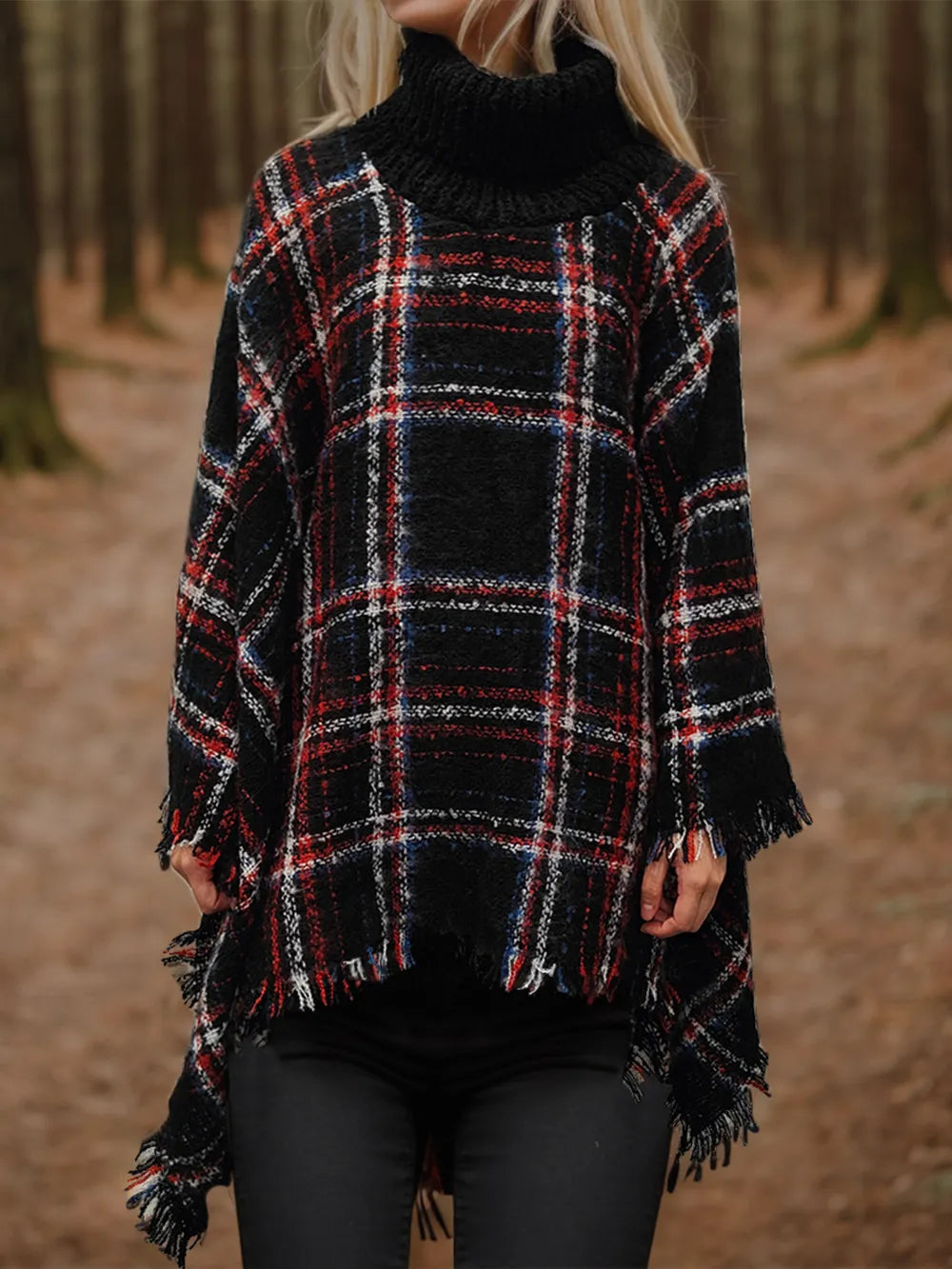 Shiny Turtleneck Plaid Raw Hem Sweater Trendsi