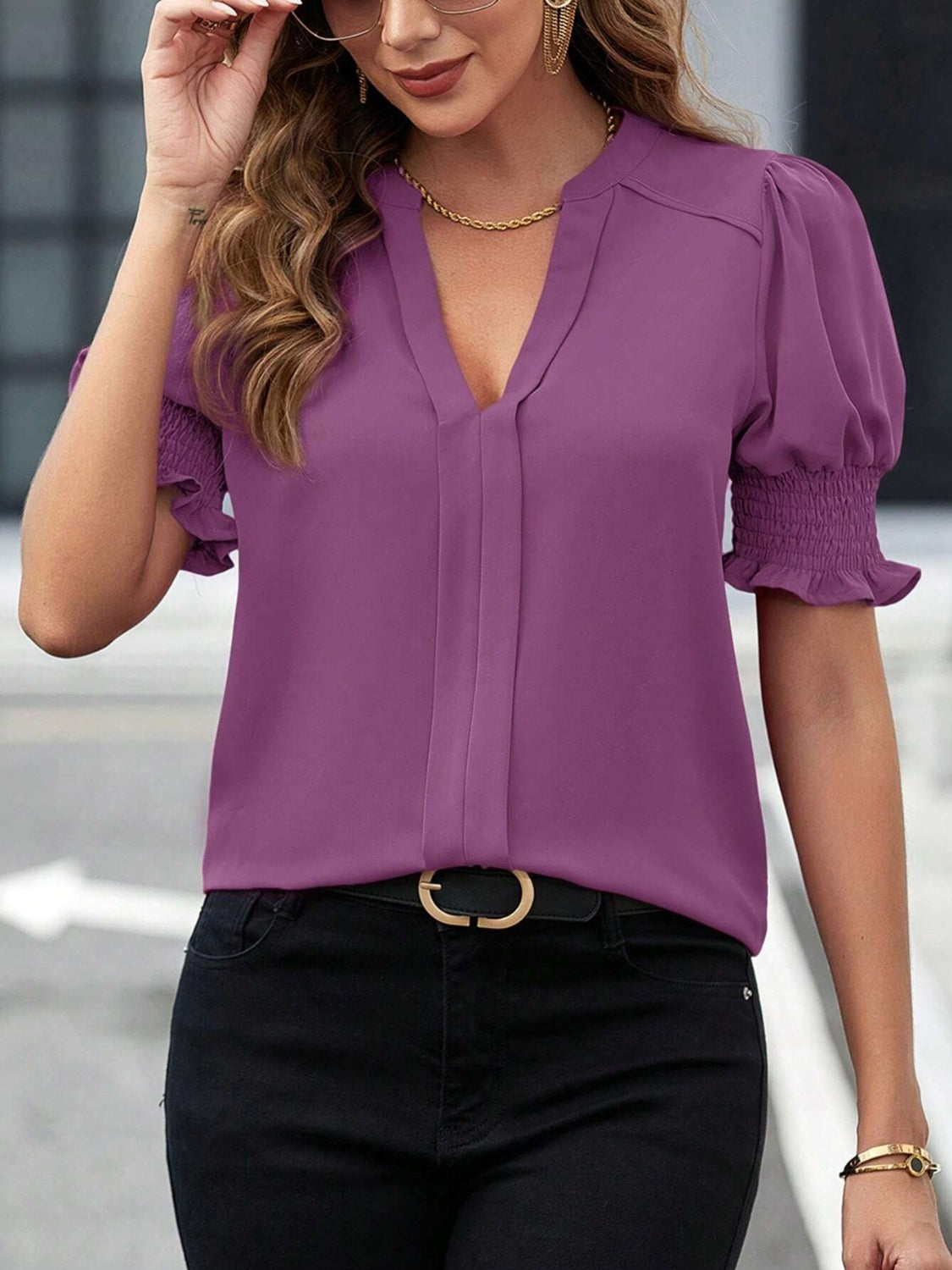 Notched Short Sleeve Blouse nicholesgifts