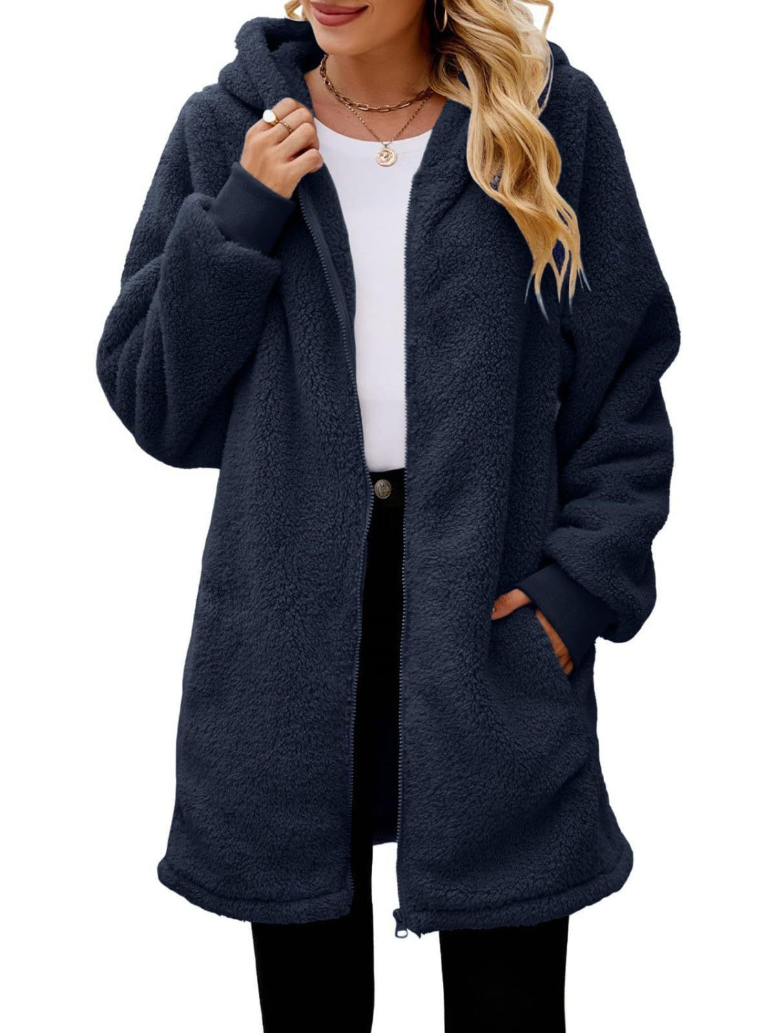 Fuzzy Pocketed Zip Up Long Sleeve Hooded Jacket NicholesGifts