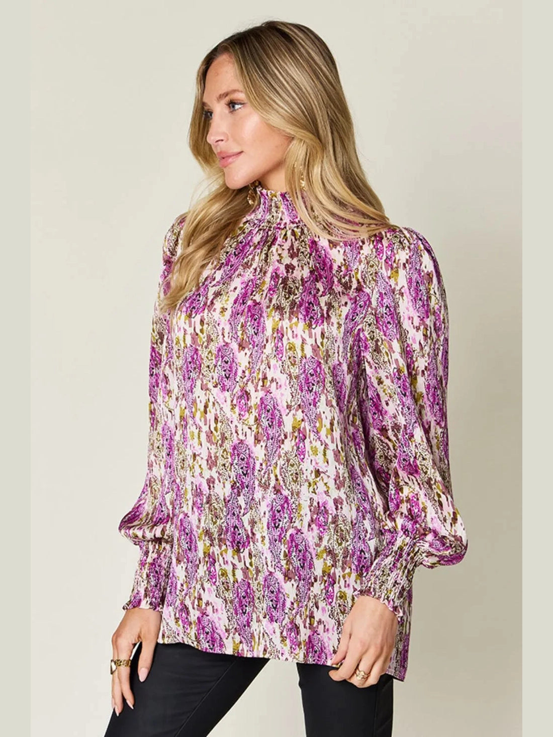 Double Take Full Size Printed Smocked Long Sleeve Blouse nicholesgifts