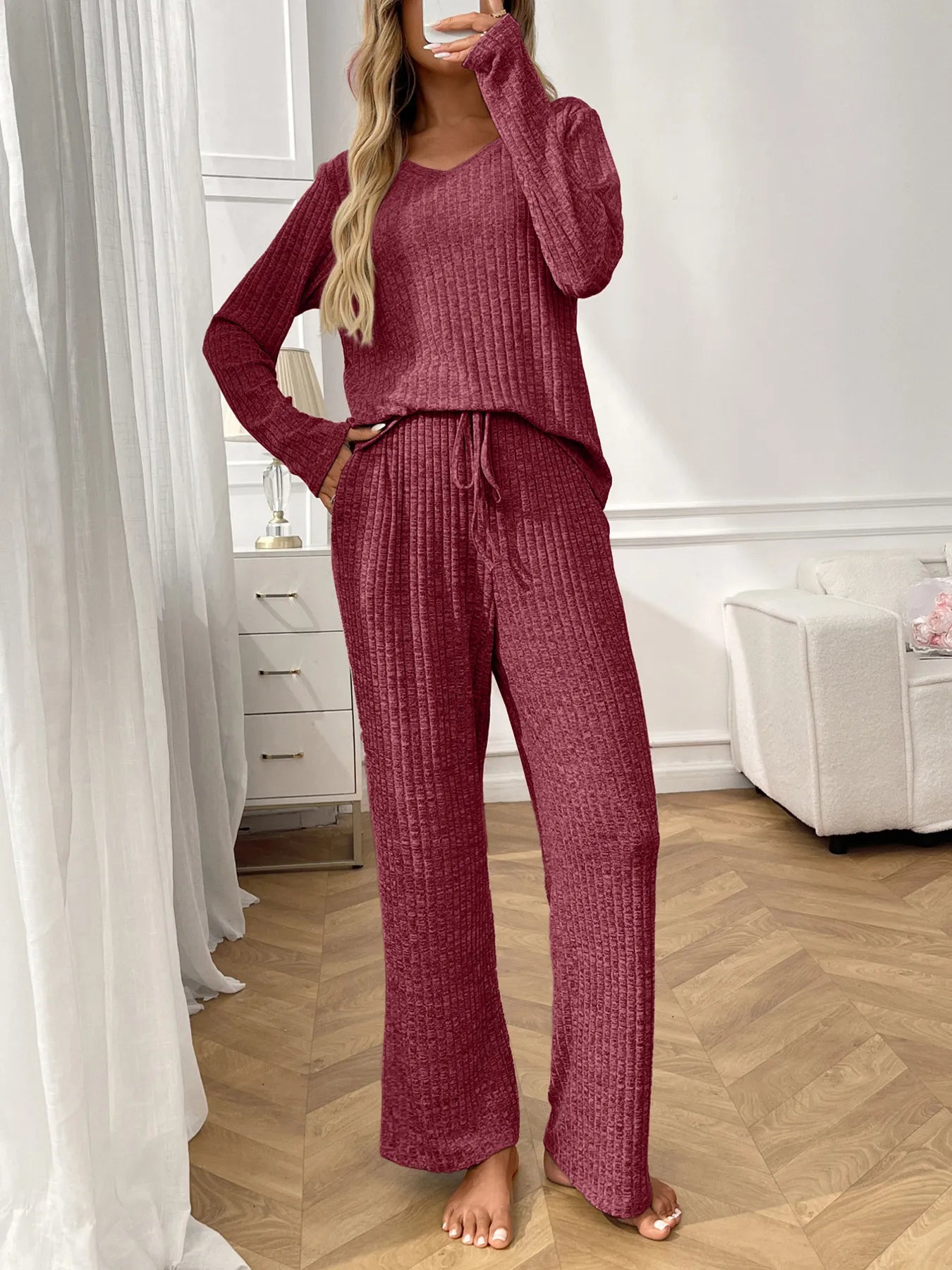 Ribbed Long Sleeve Top and Pants Lounge Set nicholesgifts