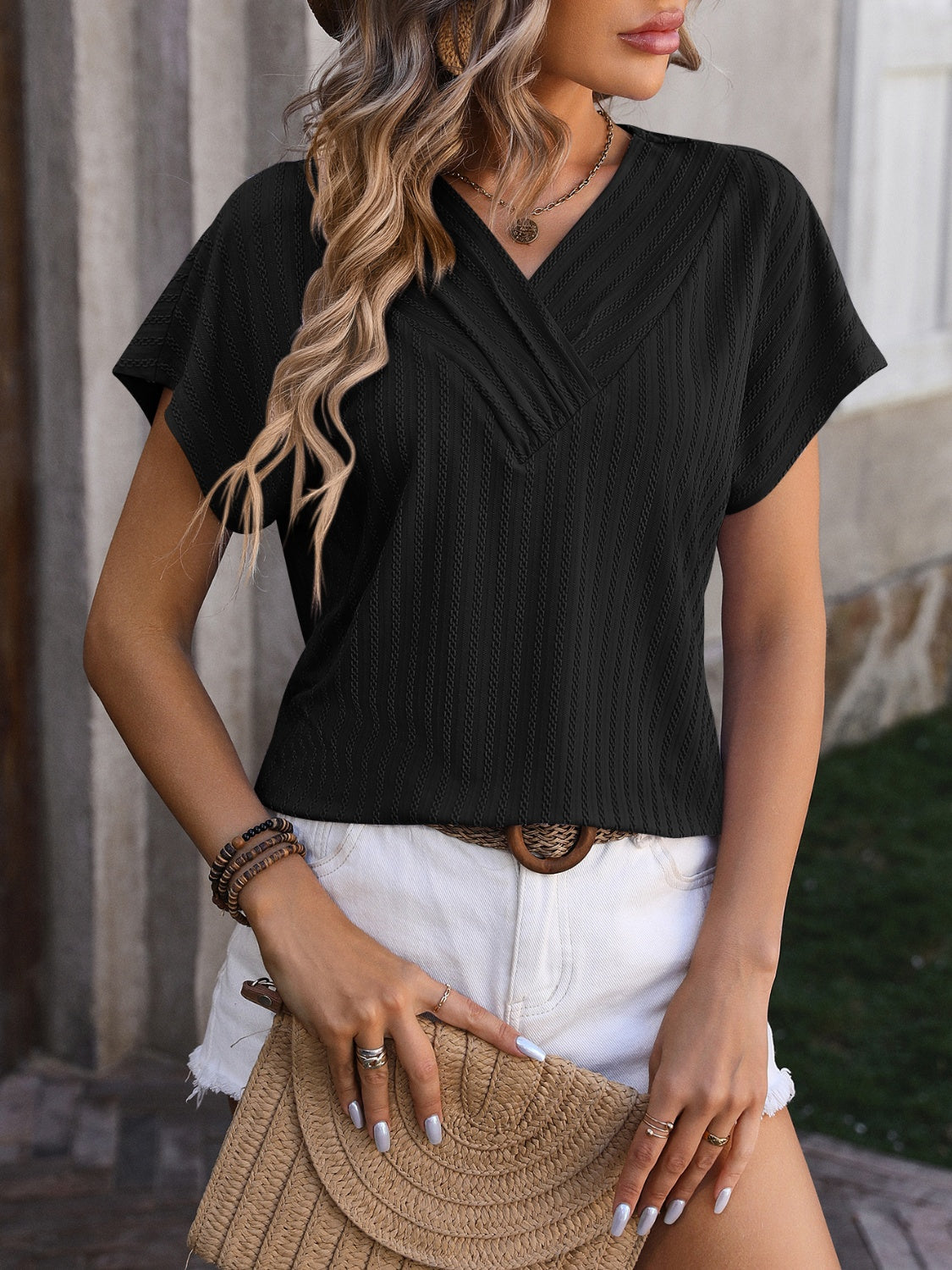 Textured Surplice Short Sleeve Blouse nicholesgifts