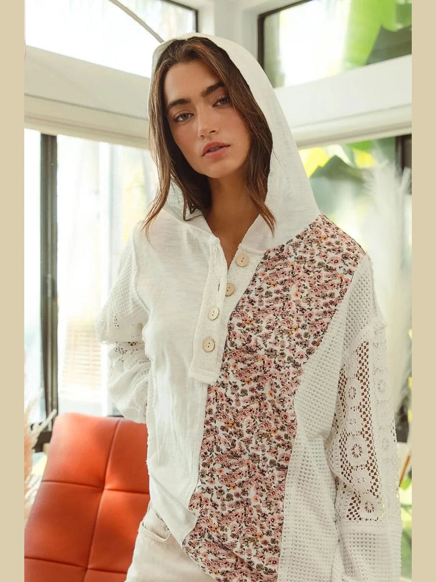 BiBi Slub Jersey with Lace Combo Buttoned Hoodie Top
