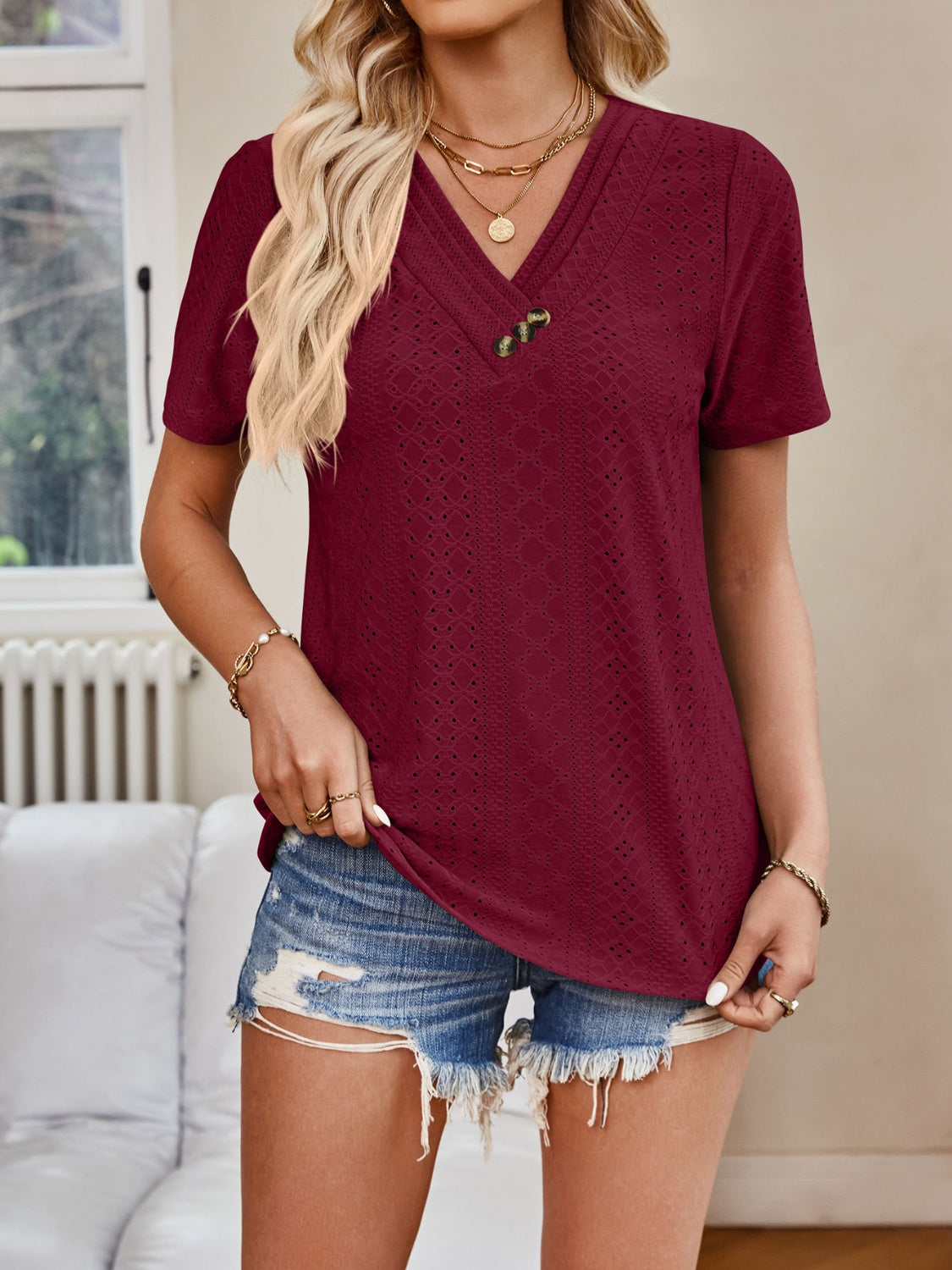 Eyelet V-Neck Short Sleeve Top nicholesgifts