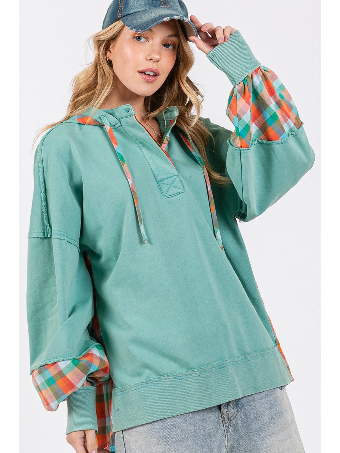NicholesGifts Women Sage + Fig Full Size Plaid Print Washed Hoodie NicholesGifts