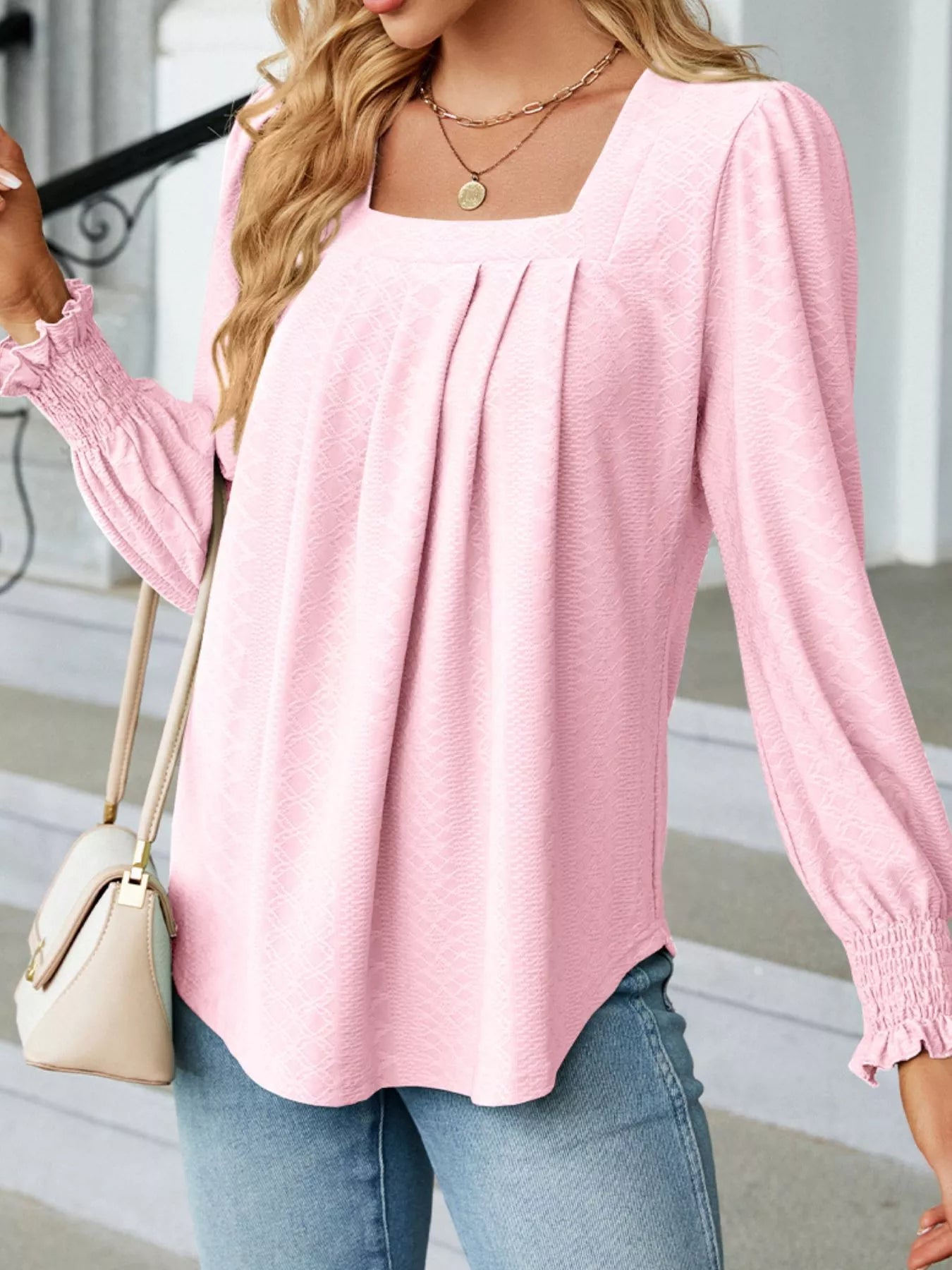 Pleated Square Neck Long Sleeve Top Trendsi