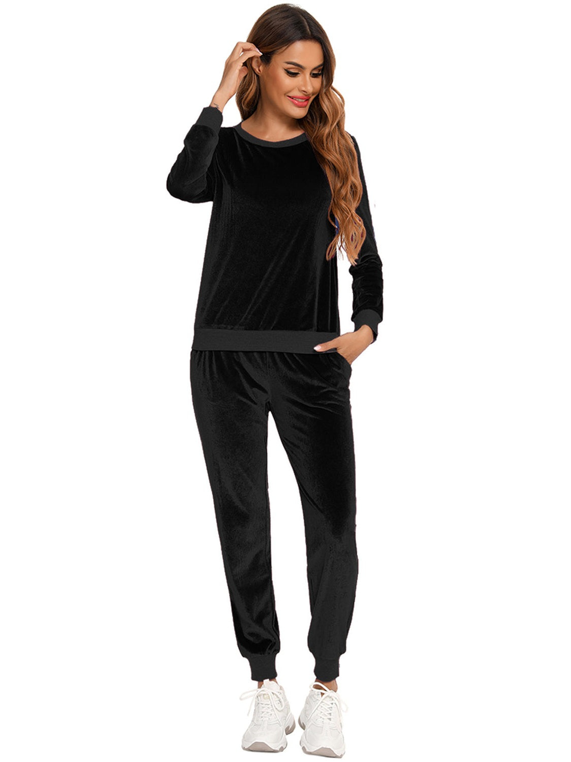 Round Neck Long Sleeve Loungewear Set with Pockets nicholesgifts