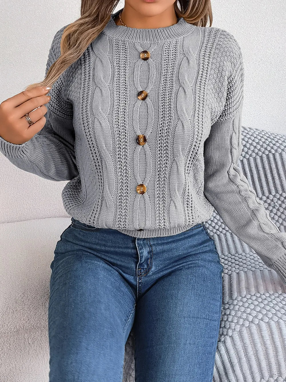 Cable-Knit Buttoned Round Neck Sweater Trendsi